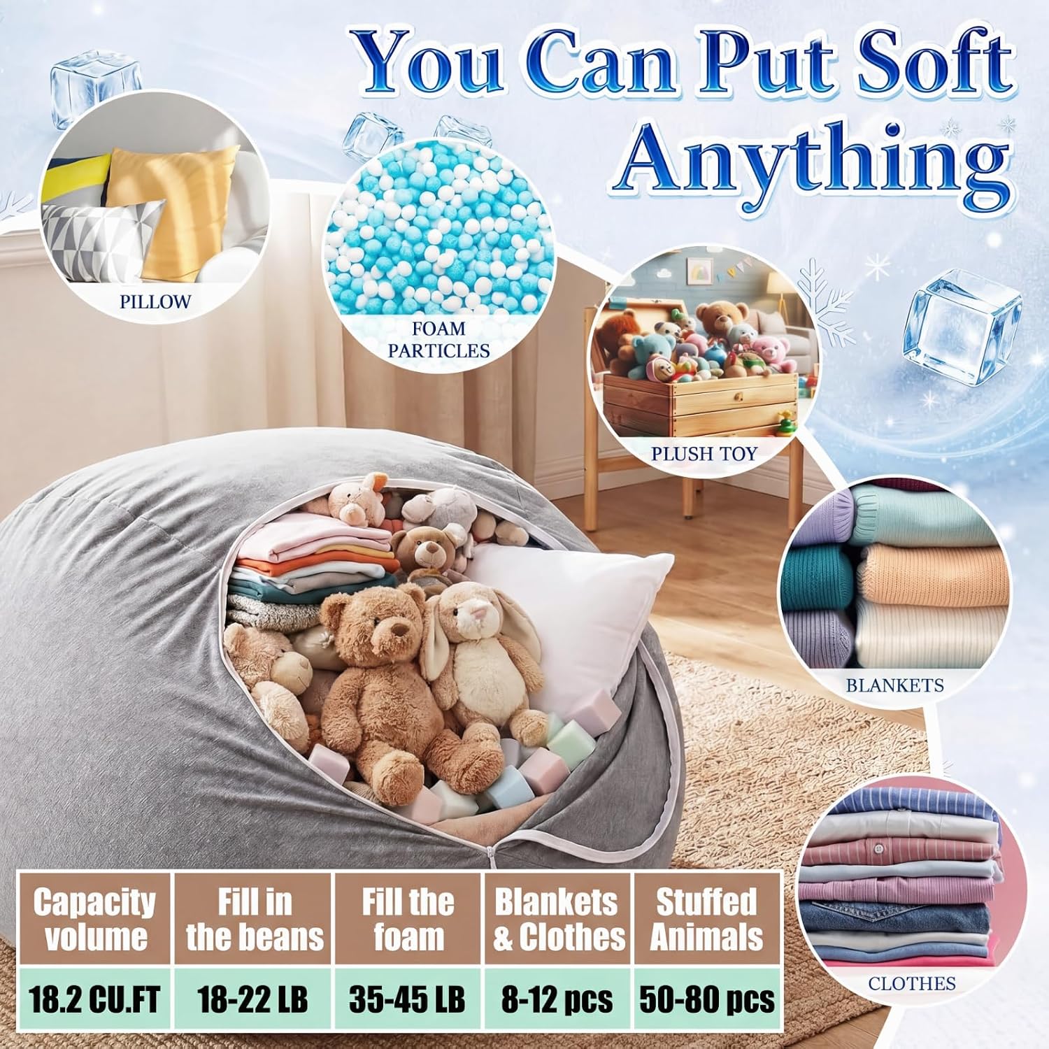 Tudomro Cooling Bean Bag Chair Cover Stuffed Animal Storage 30x35 Inch No Filler Summer Soft Breathable Zipper Bean Bag Cover with Handle for Adults Kids Living Room Bedroom