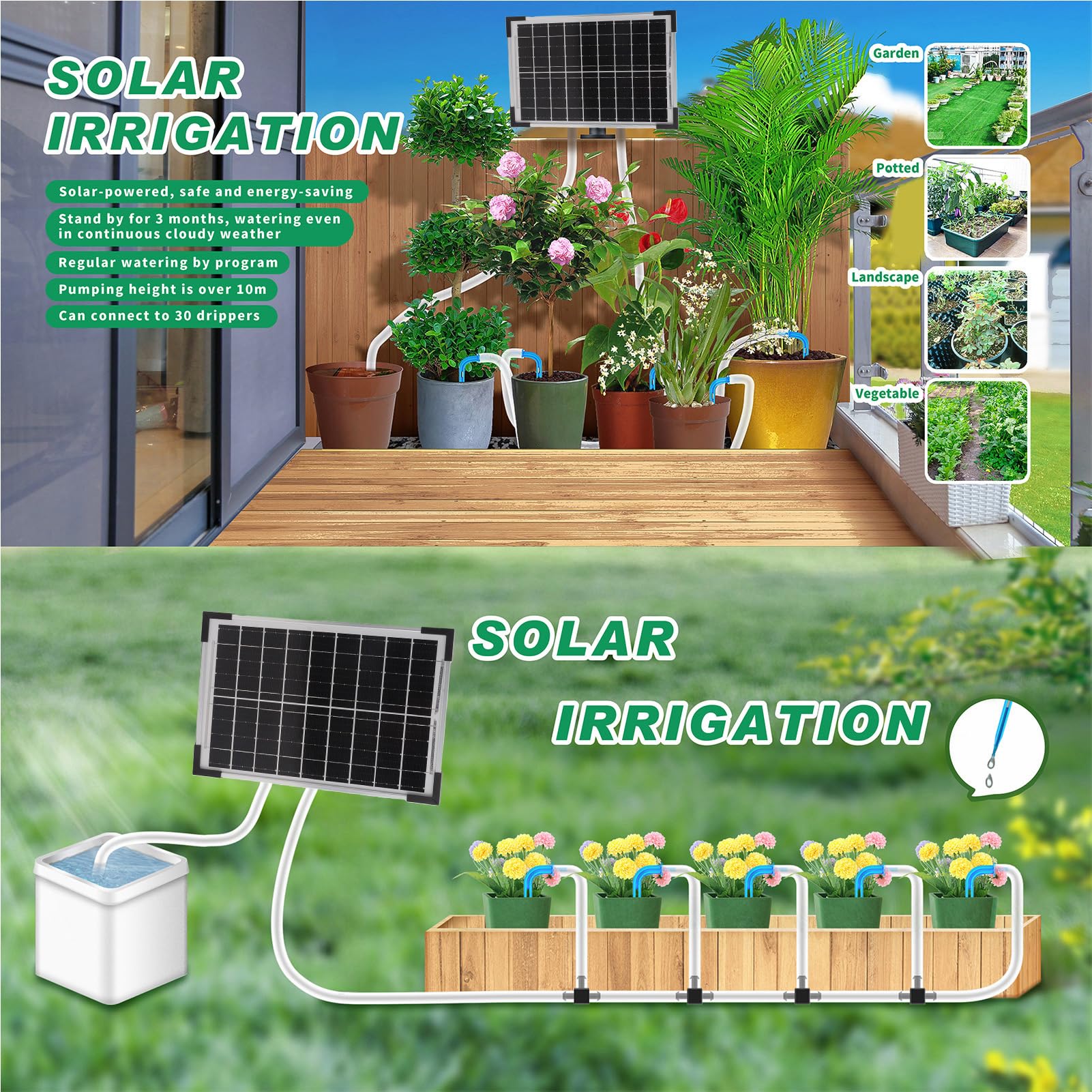 Kit di irrigazione a goccia ad energia solare con batteria da 2200 mAh, 7 modalità timer, impermeabile IP65, di irrigazione automatica per 30 vasi, serra da balcone per giardino