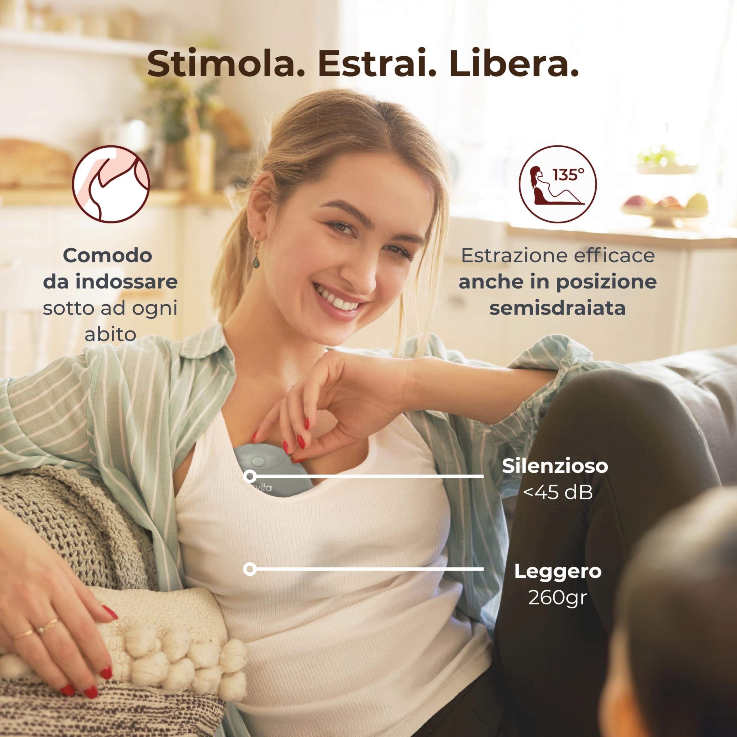Nuvita 1264W Tiralatte Elettrico Indossabile 3 Fasi con Vibro-Stimolazione – Silenzioso, Portatile, Batteria Ricaricabile USB-C, 4 Cicli Completi, Coppa Silicone 24mm con Riduttori, Custodia Rigida