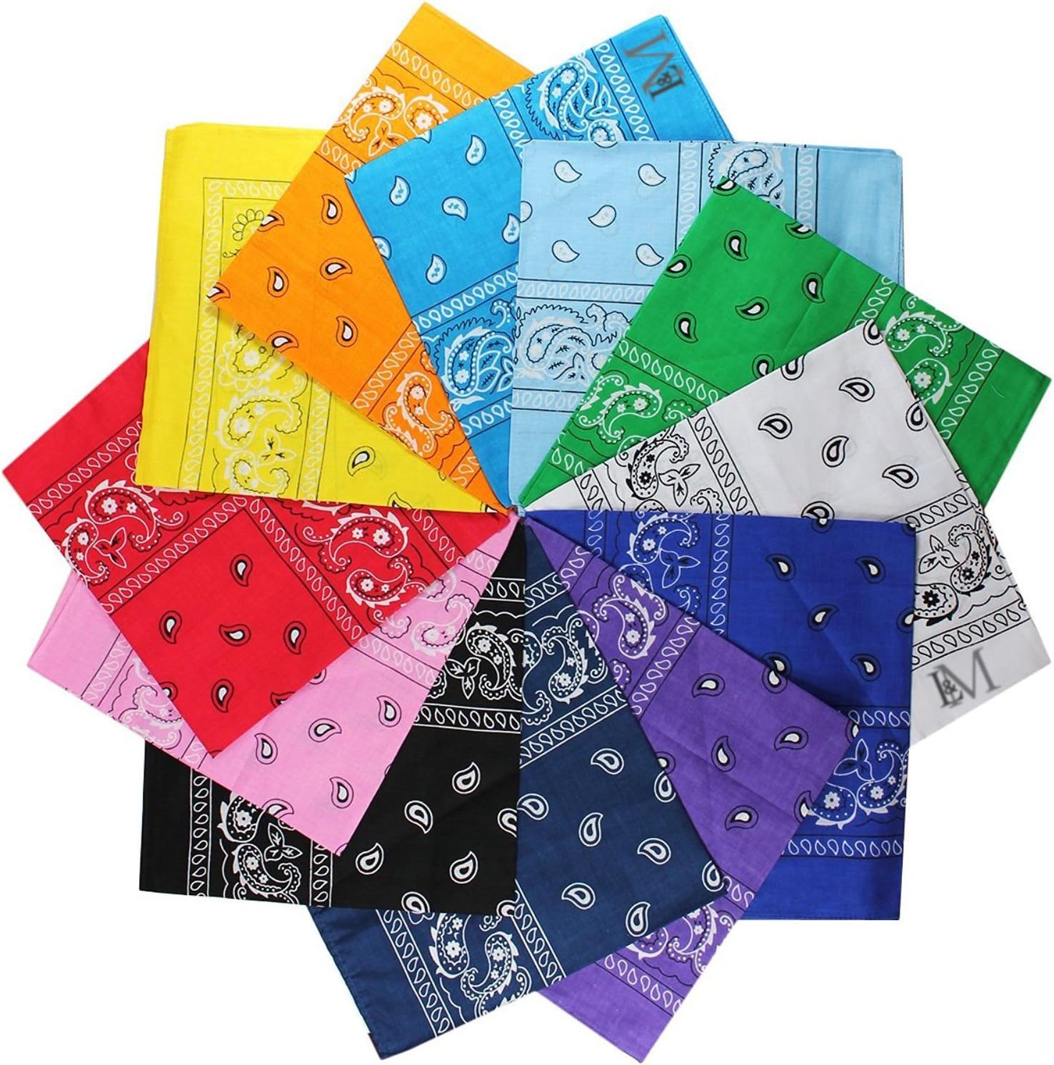 12Pcs Bandanas 100% Cotton Paisley Print Head Wrap Scarf Wristband