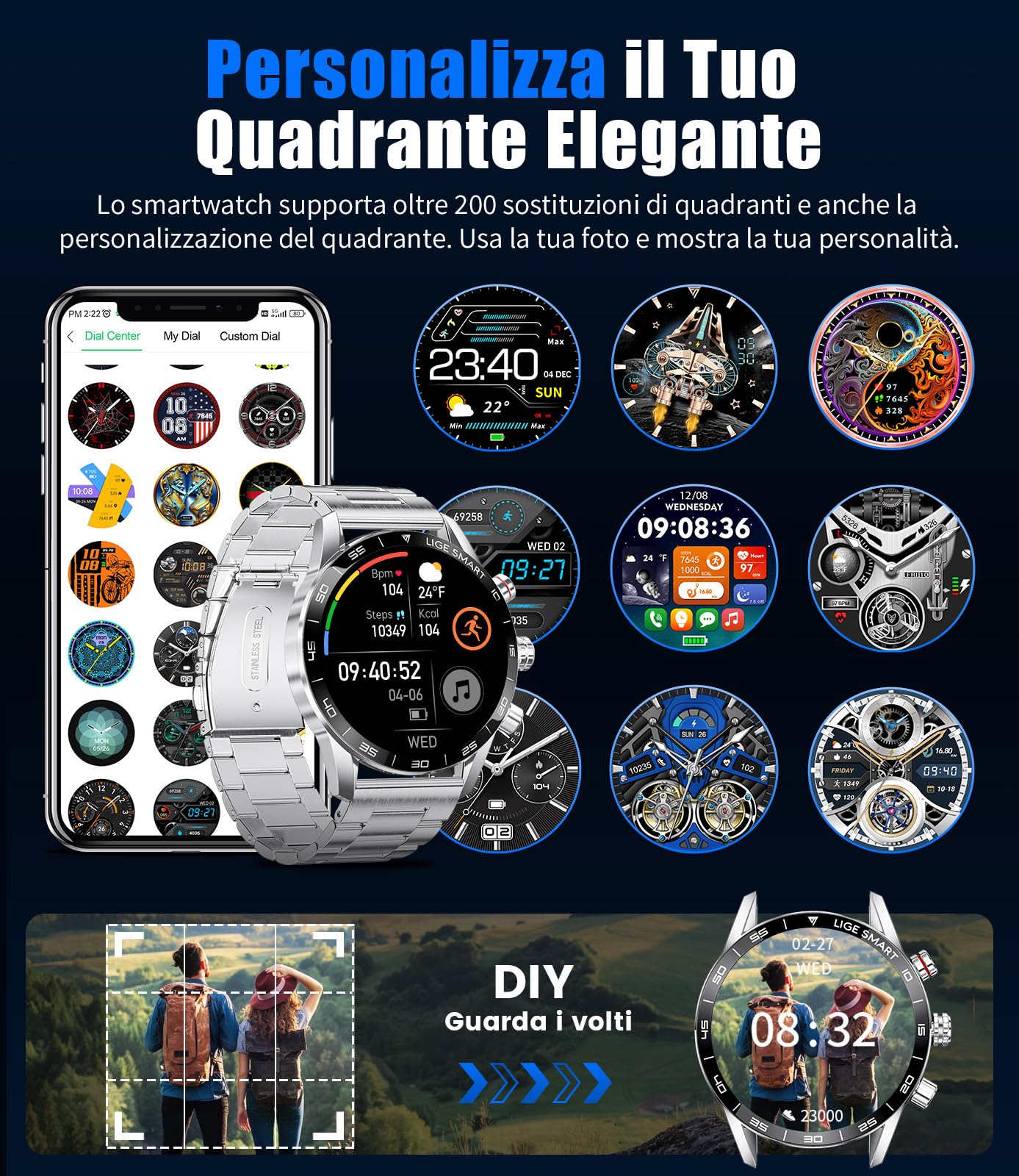 LIGE Smartwatch Uomo con Chiamate e Assistente Vocale, 1,43'' AMOLED, Durata Batteria di 15 Giorni, 24H Cardiofrequenzimetro, 124 Modes Sportifs, Orologio Smartwatch per Android iOS, Argento