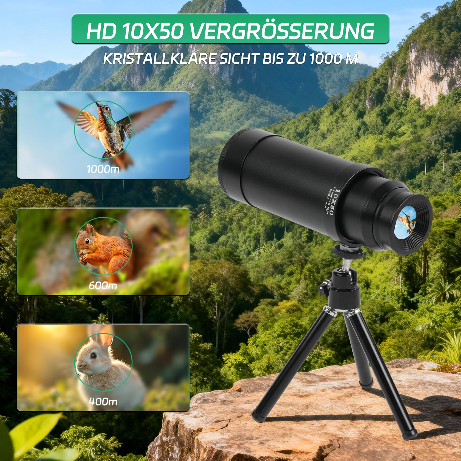 Monokular 10x50 FMC – Wasserdichtes Fernrohr mit Metallgehäuse für Vogelbeobachtung Outdoor Reisen