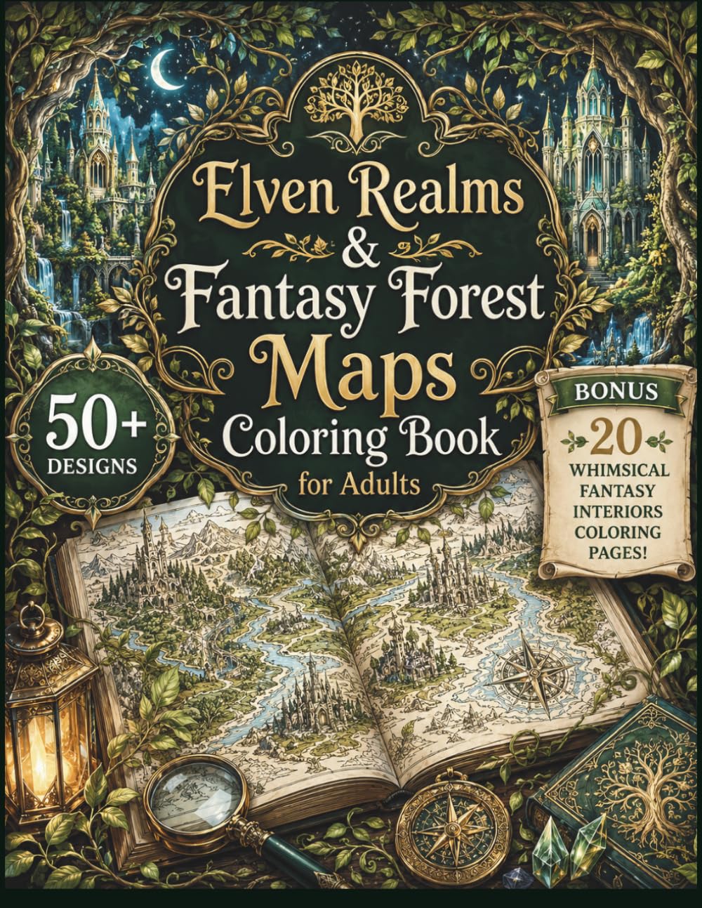 Elven Realms & Fantasy Forest Maps Coloring Book for Adults: 50+ Enchanted Forest Kingdoms, Ancient Elven Cities, Sacred Trees, Magical Maps & Fantasy ... Pages (The Fantasy Cartography Collection)
