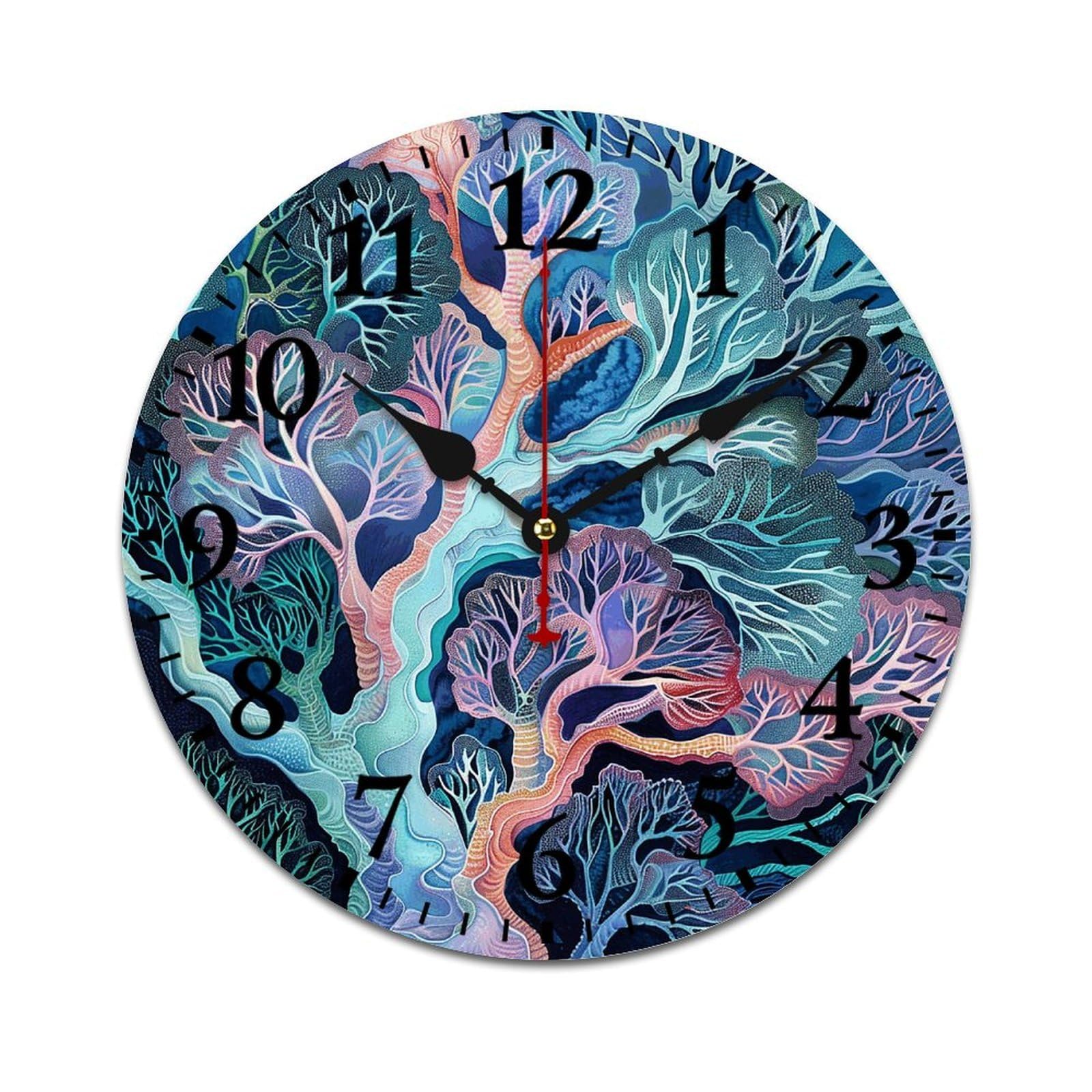 NTVOWPZO 10 Inch Wall Clock Wooden Fan Coral Image Battery Operated Wall Clocks Silent Non-Ticking Square Wall Clock for Living Room Kitchen Home Office Wall Decorative Clocks