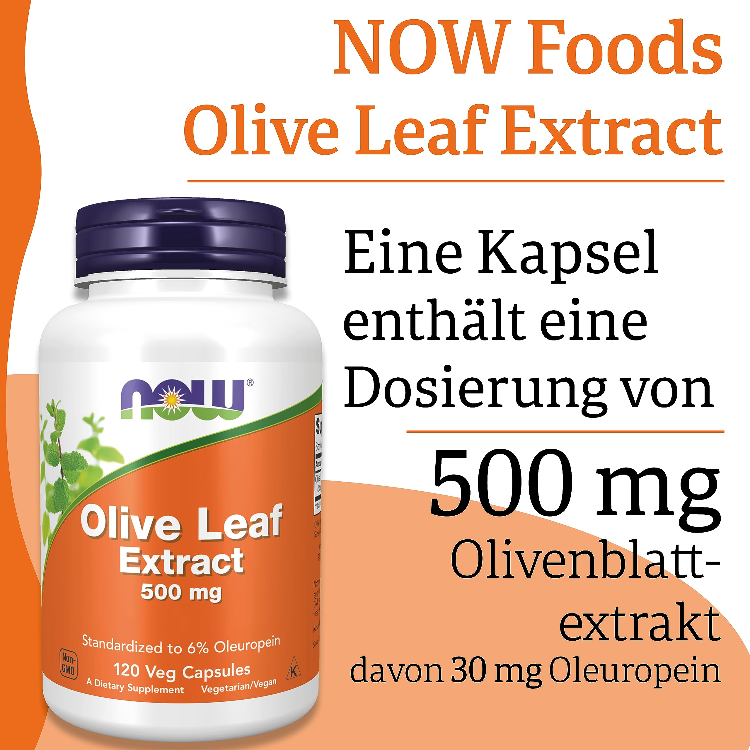 Now Foods Olive Leaf Extract (Olivenblattextrakt), 500mg,Oleuropein, hochdosiert, 120 vegane Kapseln, Laborgeprüft, Sojafrei, Glutenfrei, Vegetarisch, Ohne Gentechnik