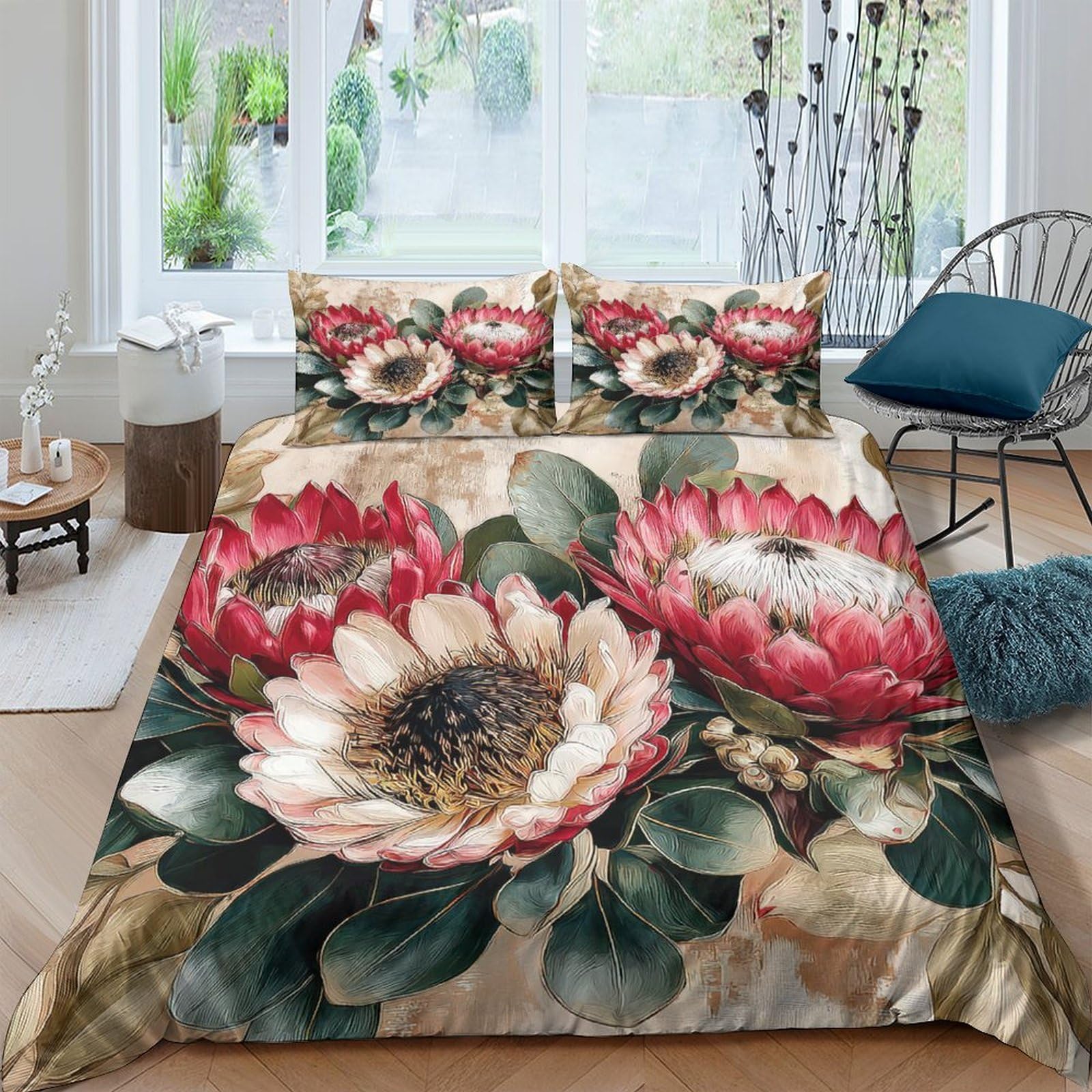 Ctjqhvkz Style-7 3D Printed Red Protea Flower Fitted Sheet Microfiber Soft Breathable Greenery Mattress Cover Bedroom Decor Single（135X200cm）