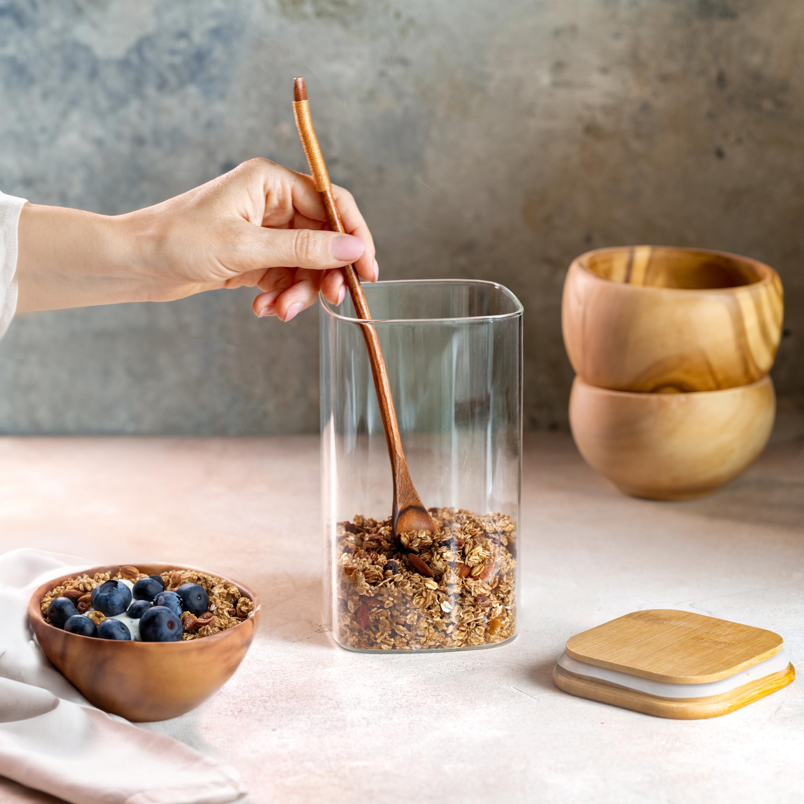 Arendo - Vorratsgläser mit Deckel 1650ml - 6er Set - Behälter aus Glas – hitzebeständig – Vorratsdosen mit Bambusdeckel - luftdicht - für Müsli Zucker Mehl Kaffee Reis