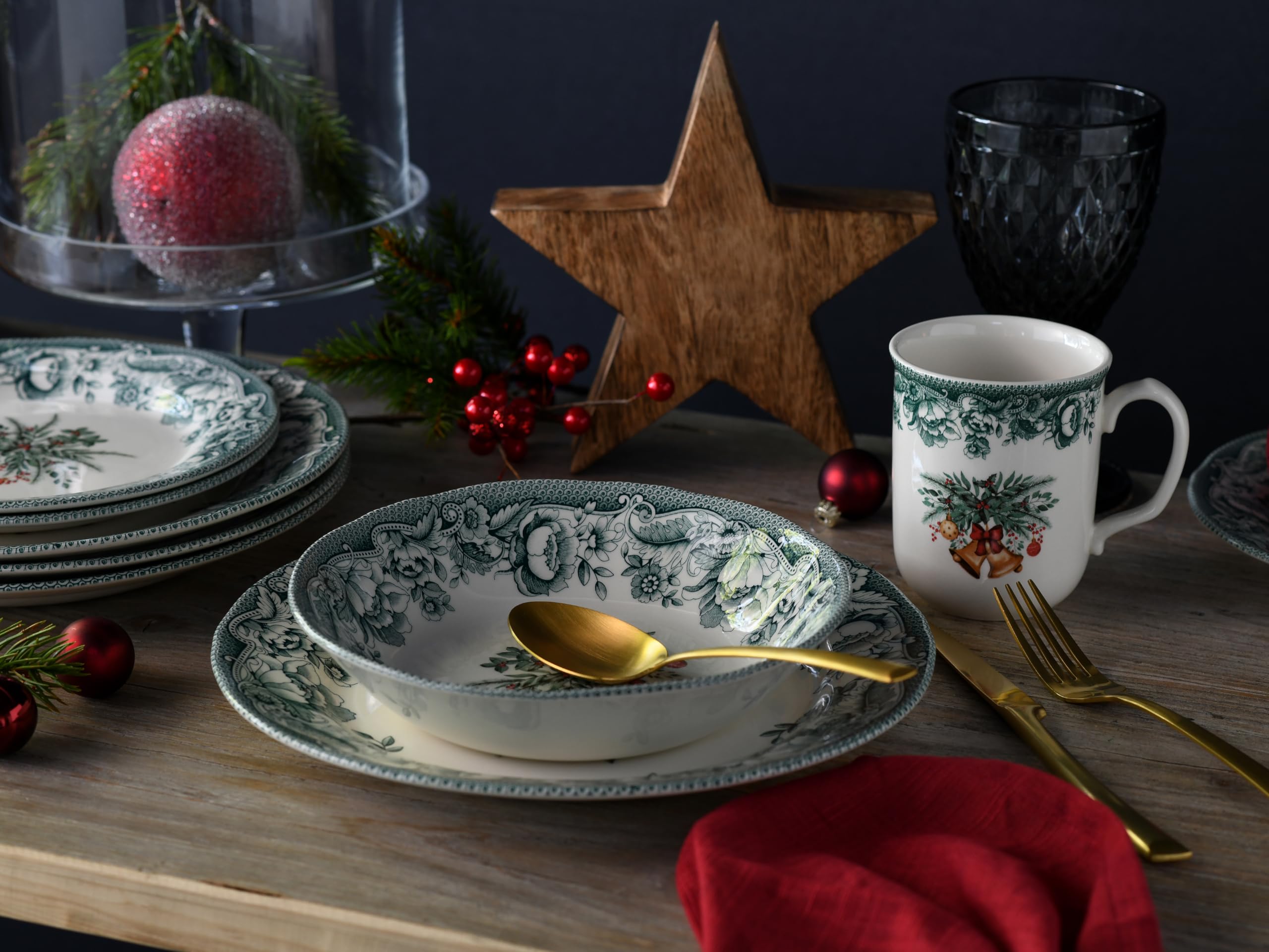 CreaTable, 16959, Série Noël Vert, Set de vaisselle 16 pièces, service combiné en faïence