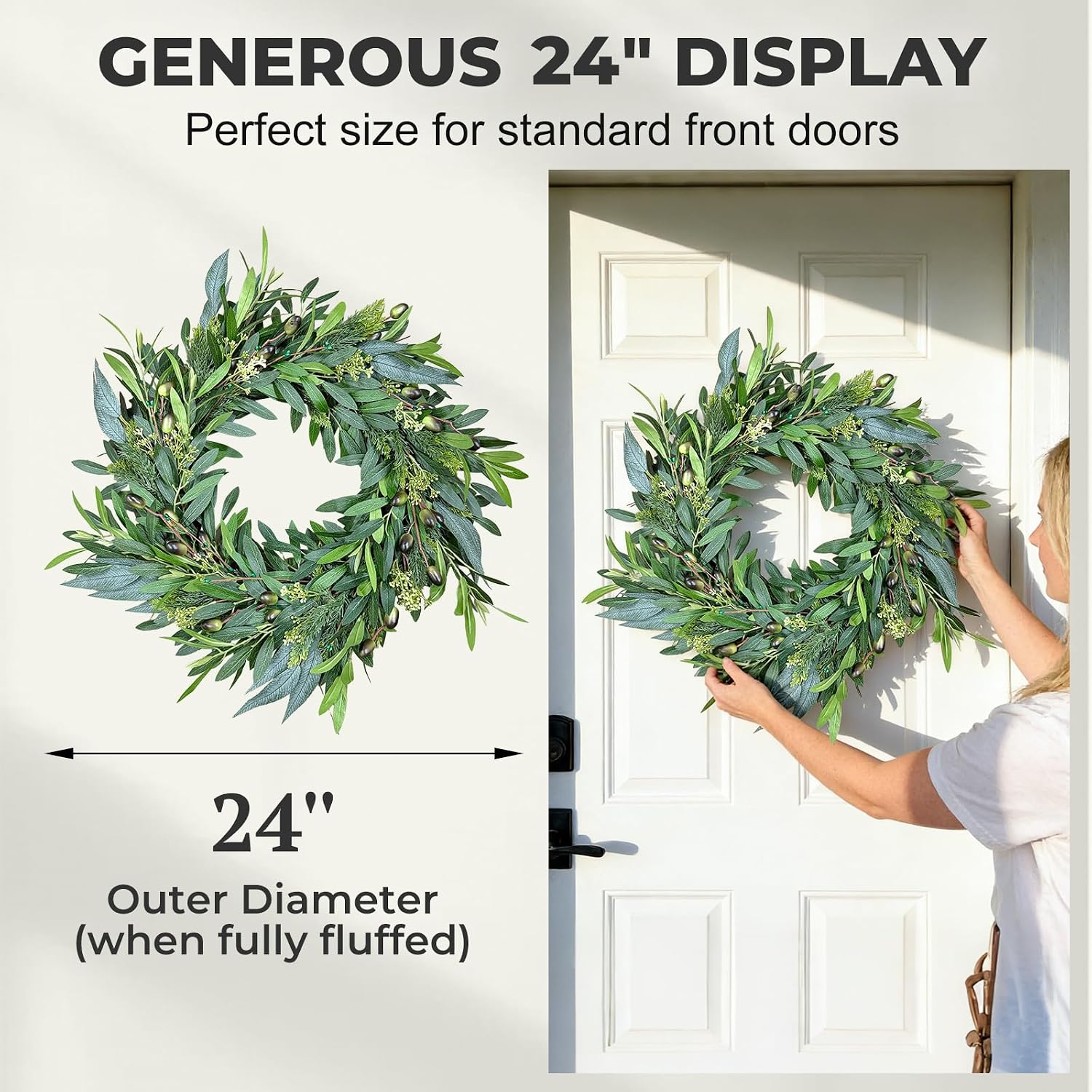 24 Inch Olive Wreaths for Front Door, Artificial Olive Branch Greenery Wreath with Eucalyptus, Rustic Farmhouse Front Door Wreath for Spring Summer Year Round Outdoor Porch Decor