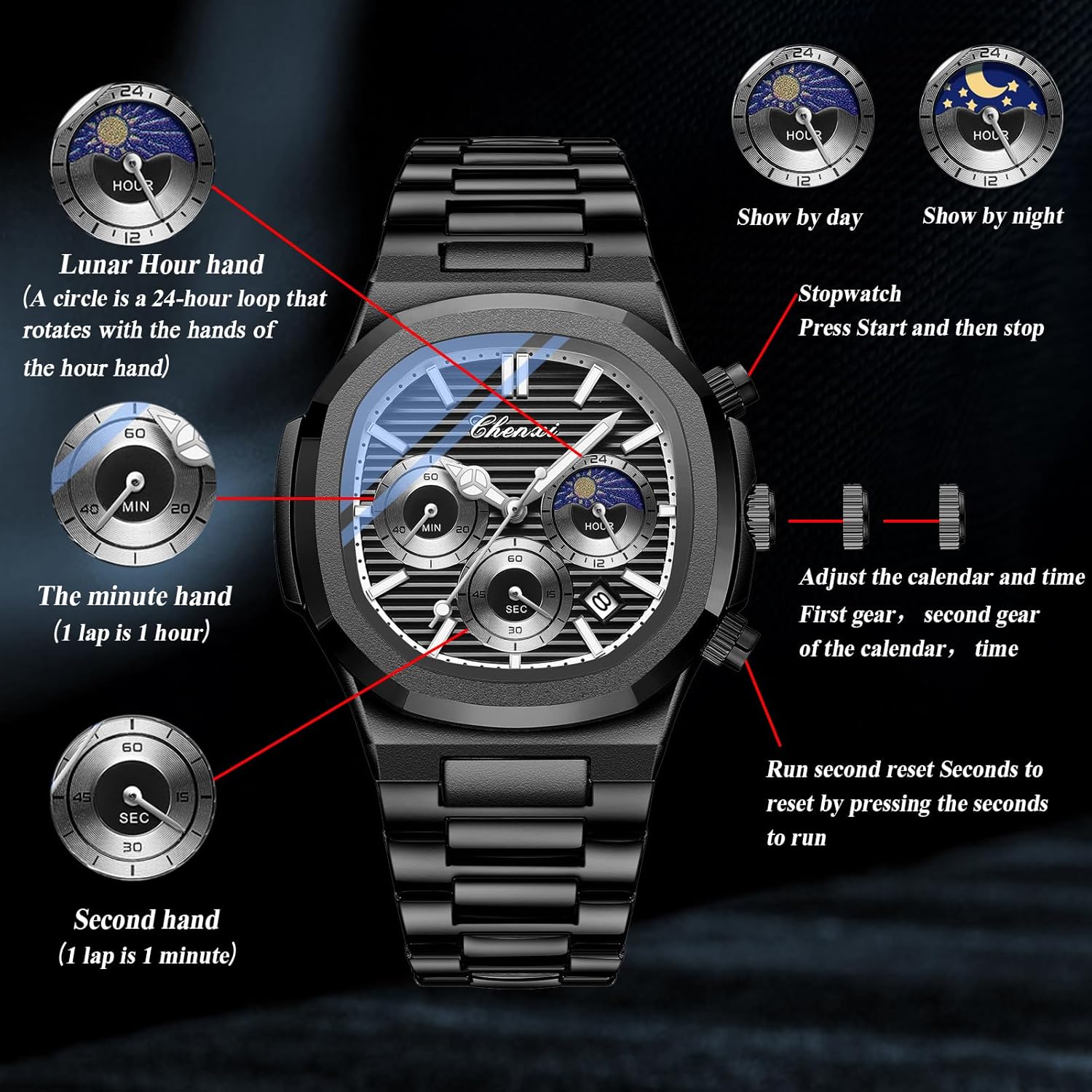 Avaner Men's Stainless Steel Watches: Multifunctional Quartz Wrist Watch with Luminous Hands and Three-Eye Dials