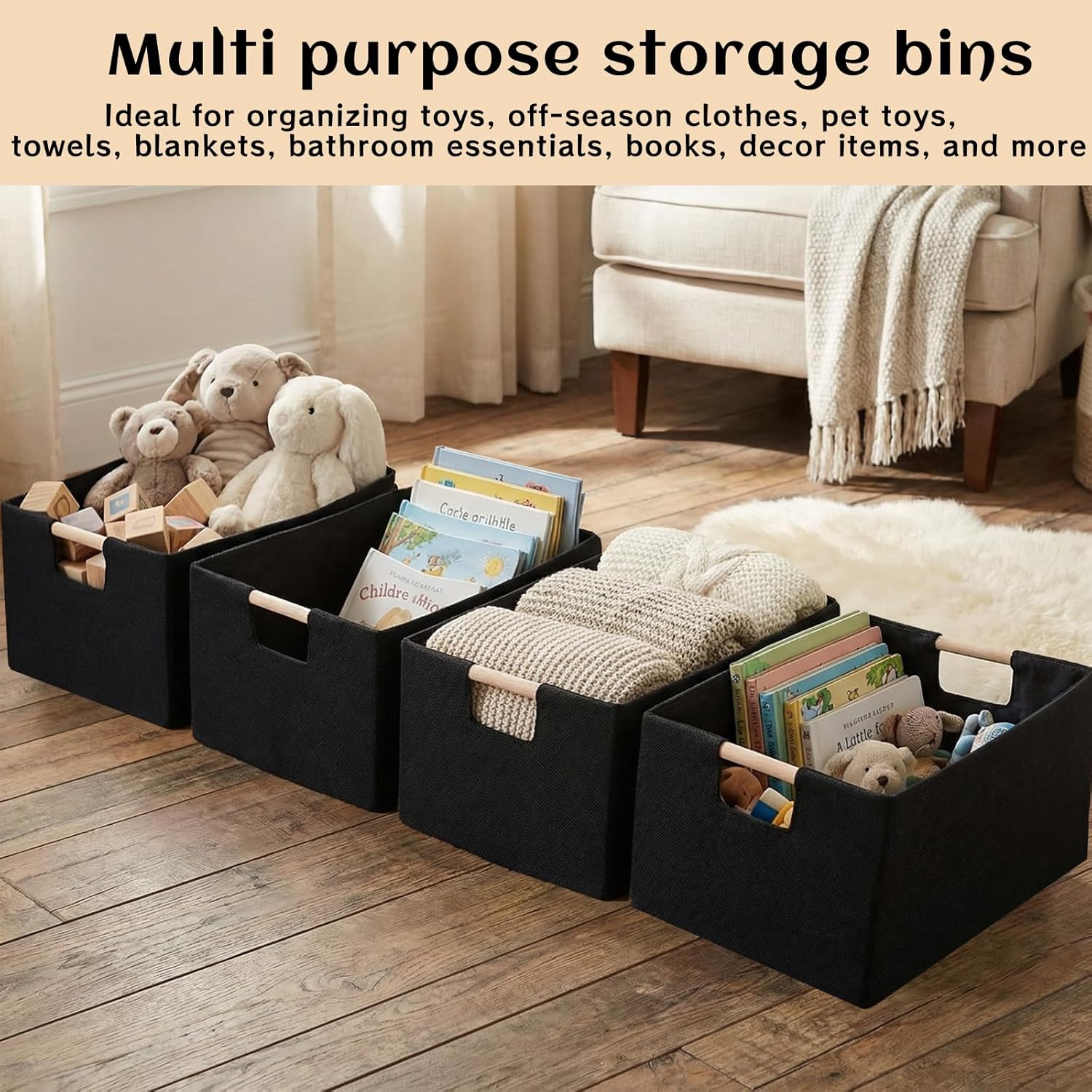 4 Pcs Fabric Storage Bins with Handle Black Collapsible Shelves Storage Basket Rectangle Wardrobe Organizer for Closet Shelves Sorting Toy and Clothes(15 x 10.6 x 6 Inch)