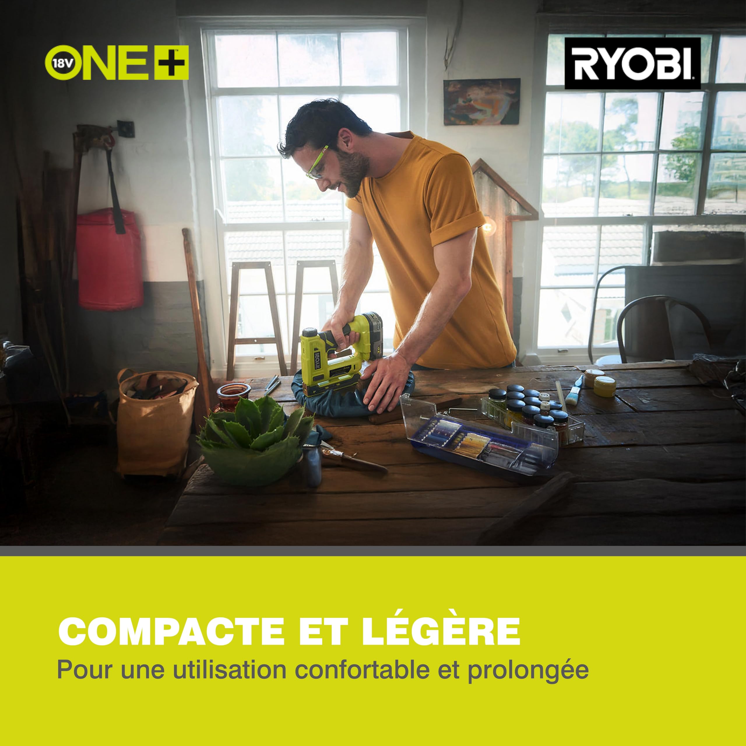 RYOBI - Agrafeuse Sans Fil 18V ONE+ R18ST50-0 – Jusqu’à 90 Agrafes par Charge, Réglage de Puissance, Idéale Tissus, Bois Fin – Batterie Non Incluse