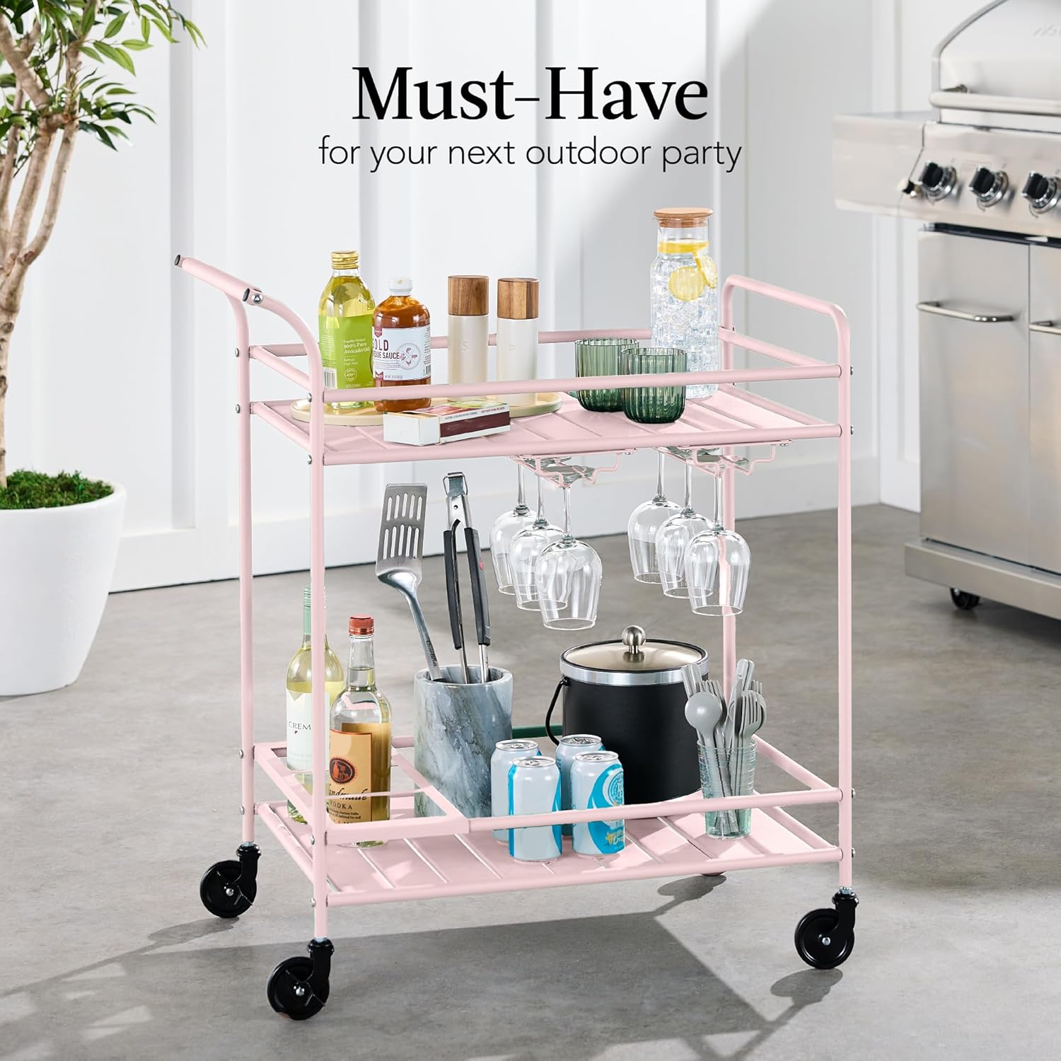 Best Choice Products Rolling Bar Cart, Mobile Home Bar Serving Cart, Serving Station w/ 2 Tier Shelves, Wine Rack, Lockable Wheels - Pink