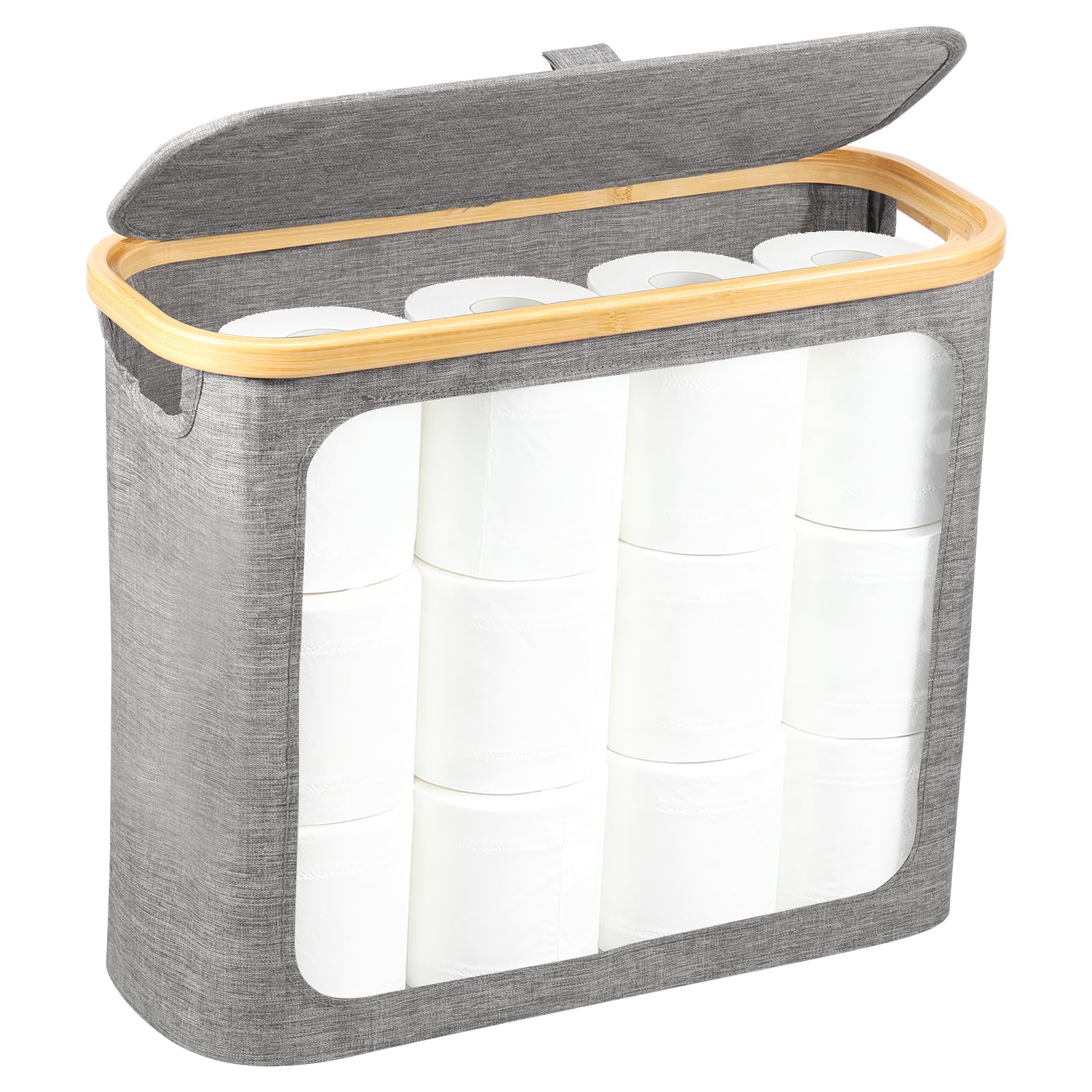 Yunyouc Grey Toilet Roll Storage, Foldable Toilet Paper Storage Basket With Lid Cover, Holds Up To 9-12 Rolls For Bathroom Bedroom Living Room(Grey)