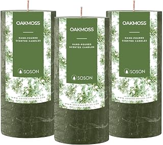 Simply Soson 3x6 inch Dark Moss Green Rustic Oakmoss Pillar Scented Candle - 3 Pack - for Home Decor, Aromatherapy, Weddings, Restaurants, Spa,