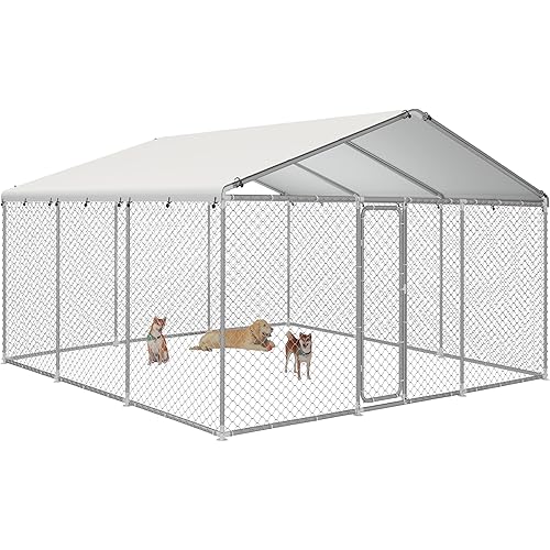 15.3x15.3 ft Outdoor Dog Kennel Outside with Waterproof UV-Resistant Cover, Heavy Duty Dog Enclosure House with Steel Fence and Secure Lock for Dogs
