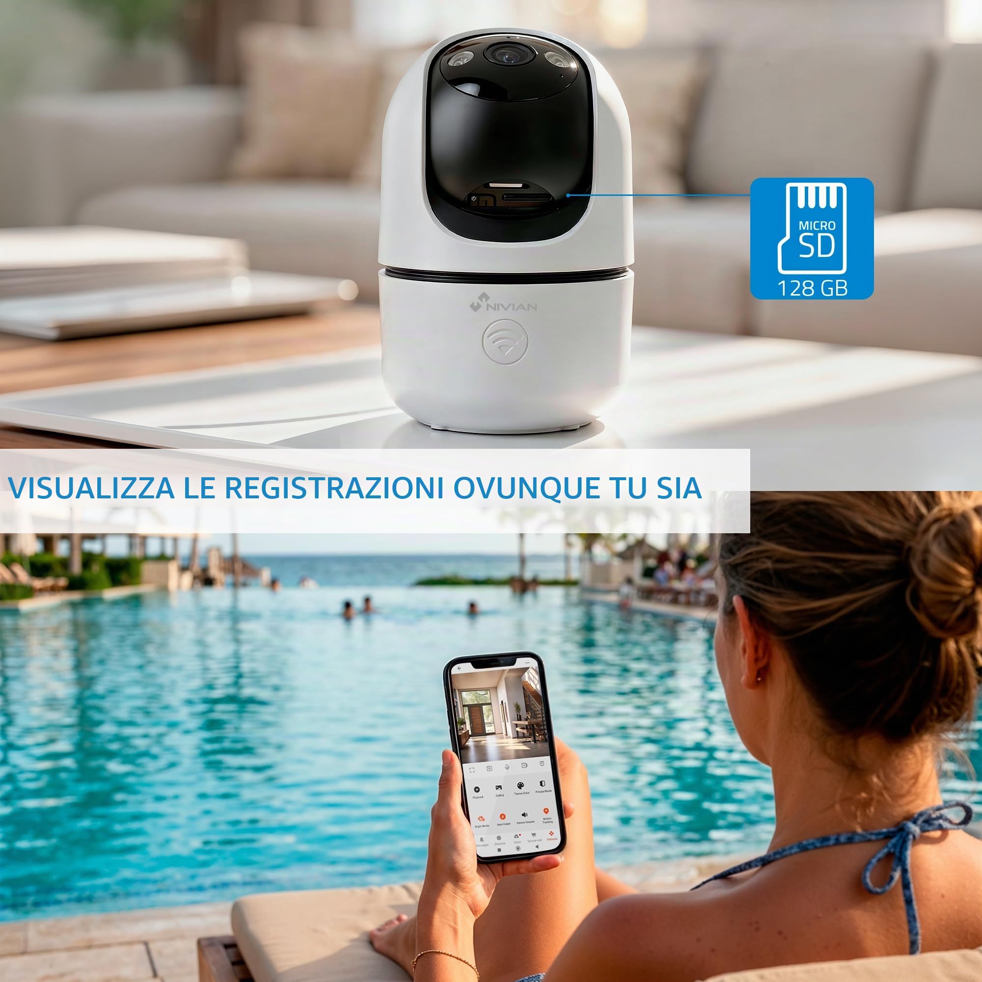 NIVIAN Telecamera di sorveglianza interna 4G scheda dati inclusa 3MP SuperHD 2K - visione notturna, rilevamento IA di esseri umani, auto-tracciamento, audio bidirezionale, movimento 350°, app tuya