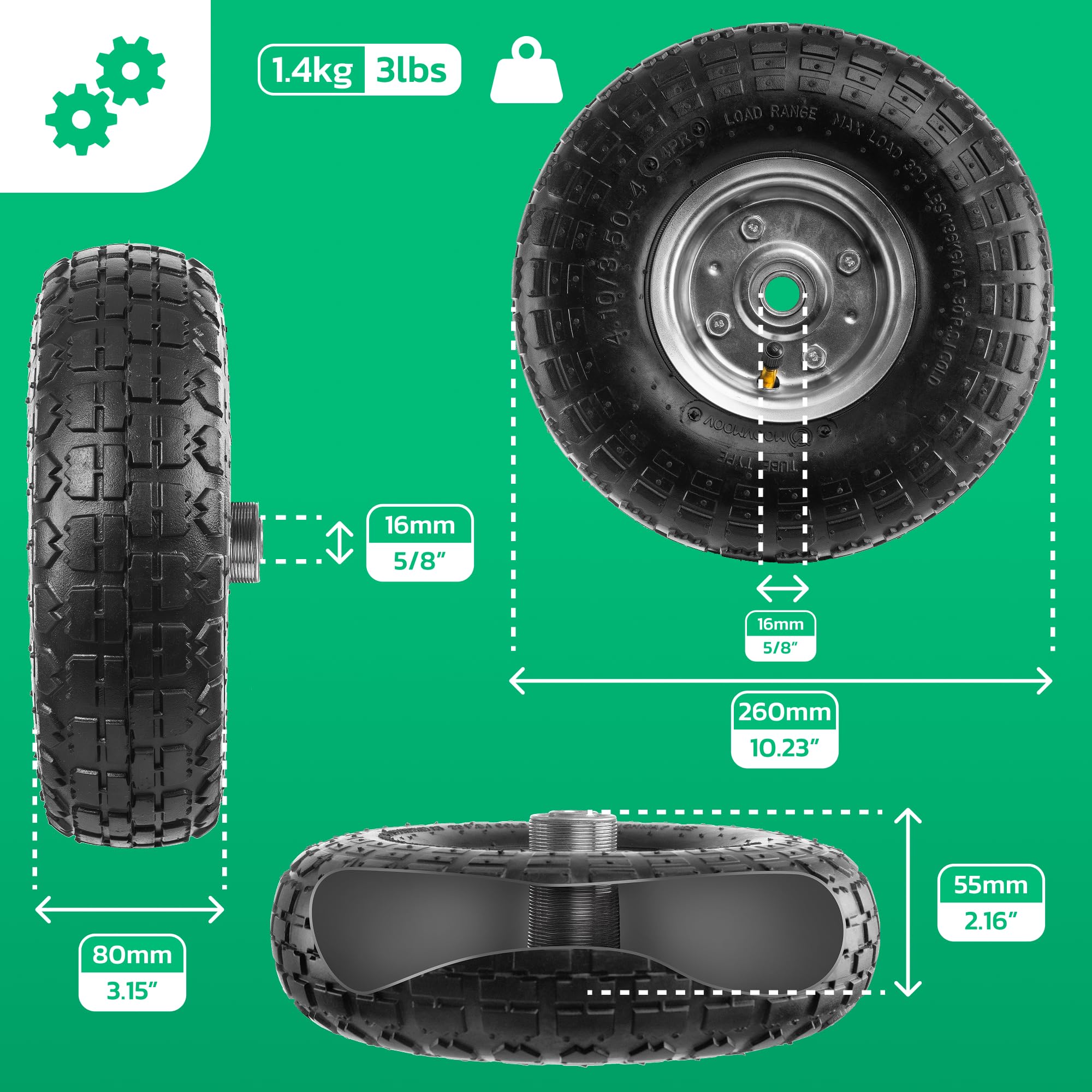 Ruote Gonfiabili MOOVMOOV 3.00-4 - Per Carrelli E Carriole, Cerchione PVC Rosso, Carico 136kg - Foto 11