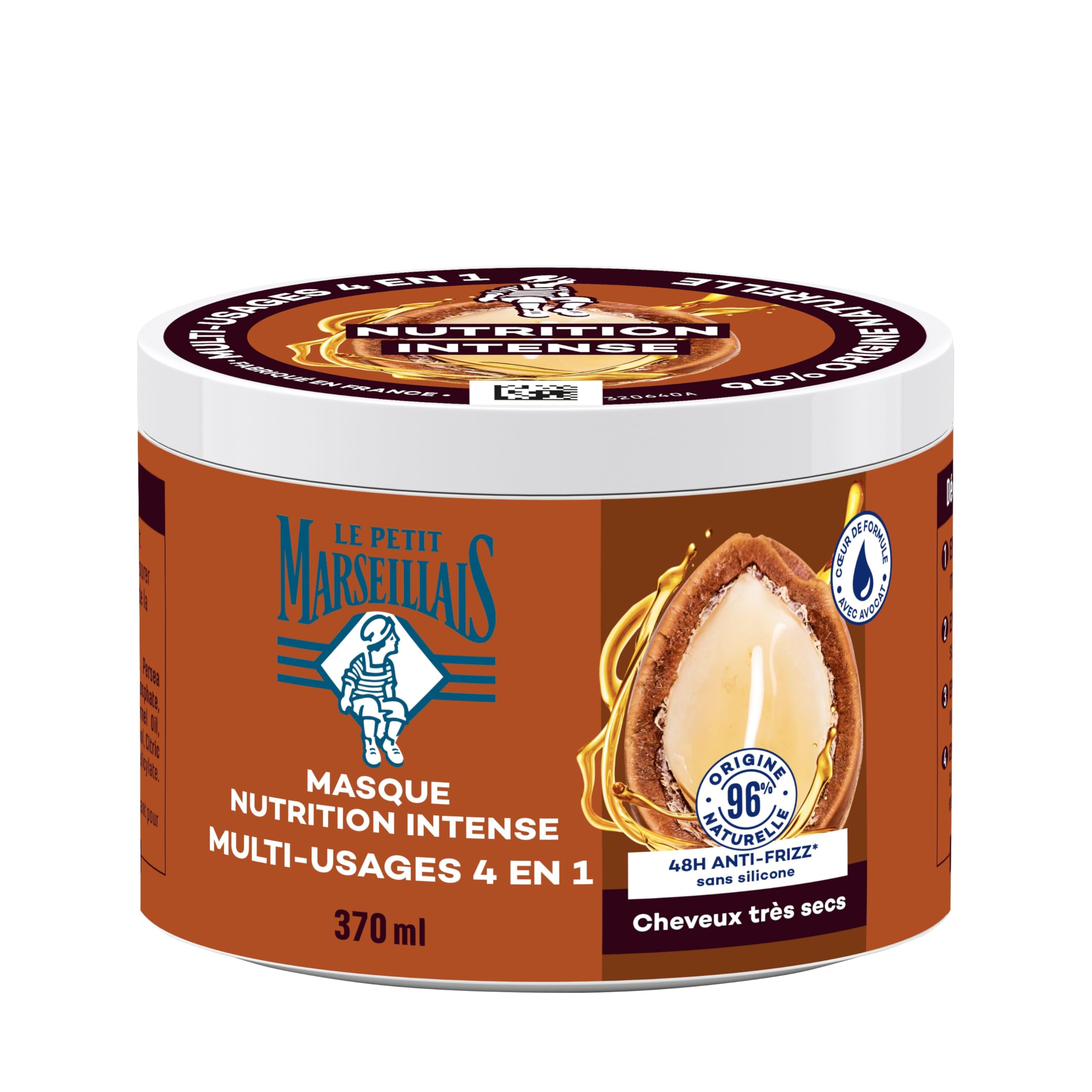 Le Petit Marseillais – Masque 4 en 1 Nutrition Intense Huile d'Argan Bio (pot de 370 ml) – Masque capillaire pour cheveux très secs – Soin cheveux sans silicone 96% d'origine naturelle