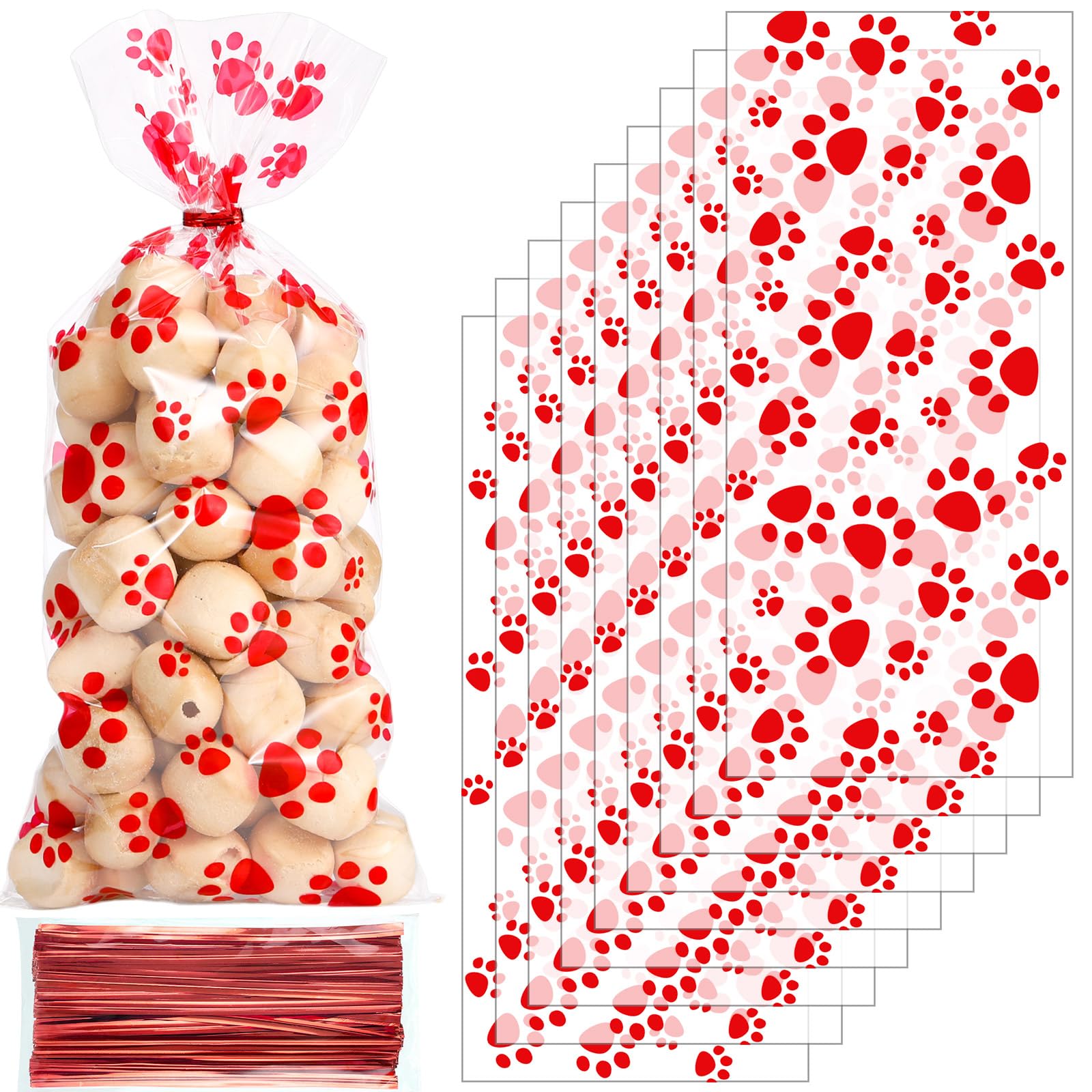 Blulu 100 Pieces Dog Treat Bags Puppy Party Favor Pet Paw Cone Cellophane Bags Candy Heat SealableDog Paw Gift with 100 Pieces Silver Twist Ties for