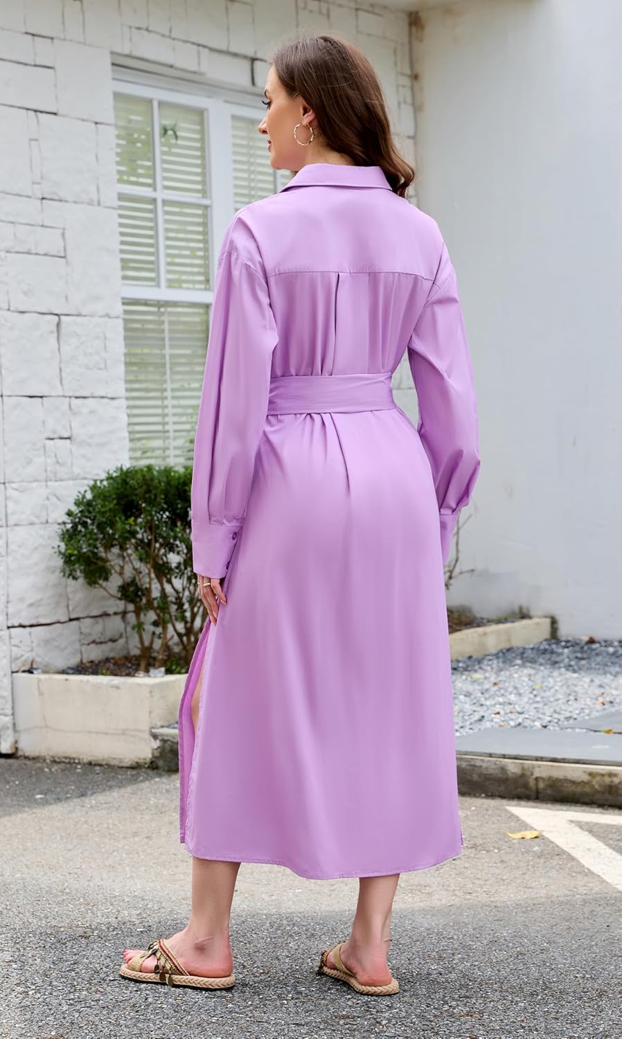 Choichic Shirt Dresses for Women Casual Side Slit Long Sleeve Button Down T Shirt Dress Maxi Dresses Cover Up with Pockets Belt Large Purple - Image 5