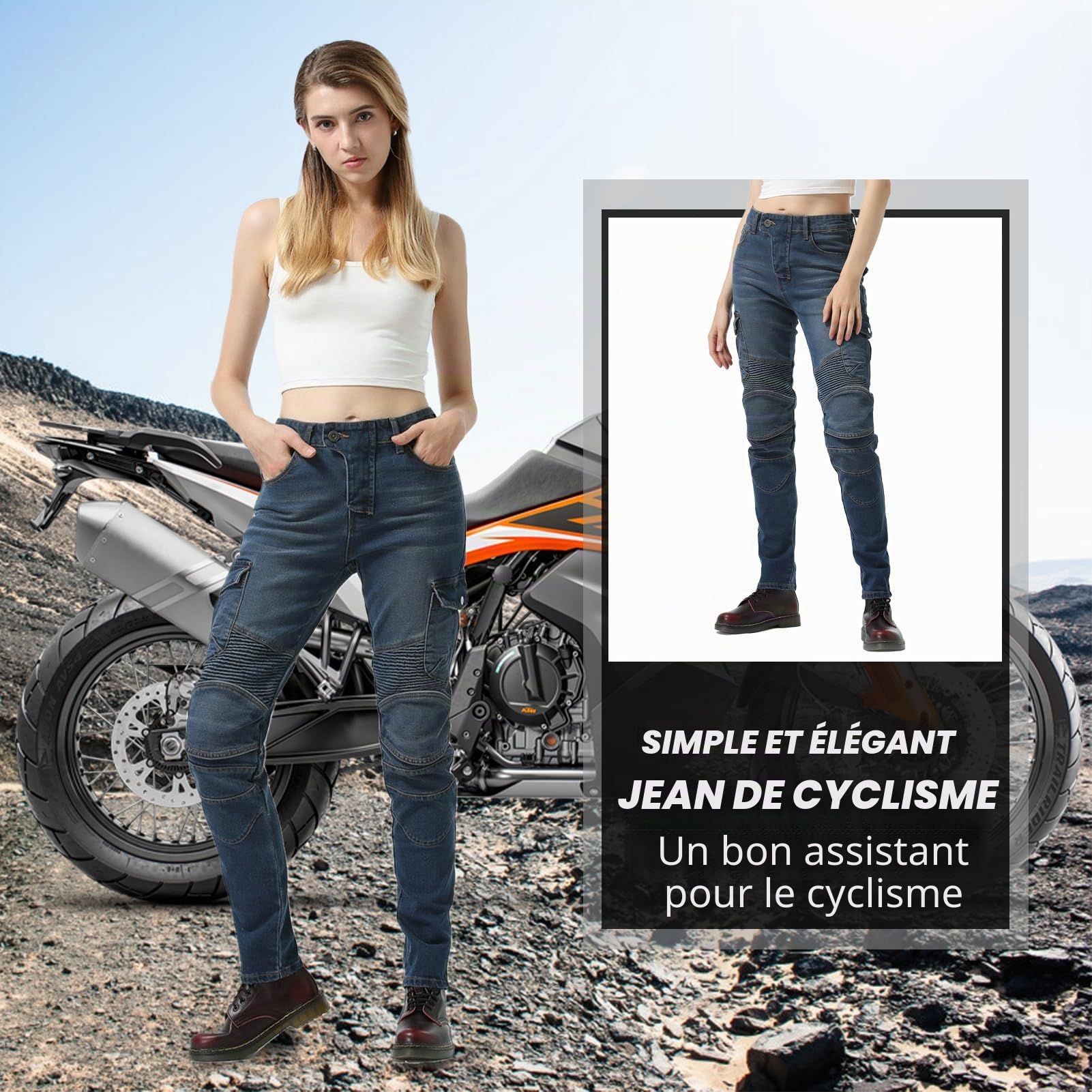 HULG Pantalon Moto Femme, Jean De Motard Coupe Slim Avec Protections Des Genoux Et Des Hanches, Moulant Élastique (Blue, XXS)