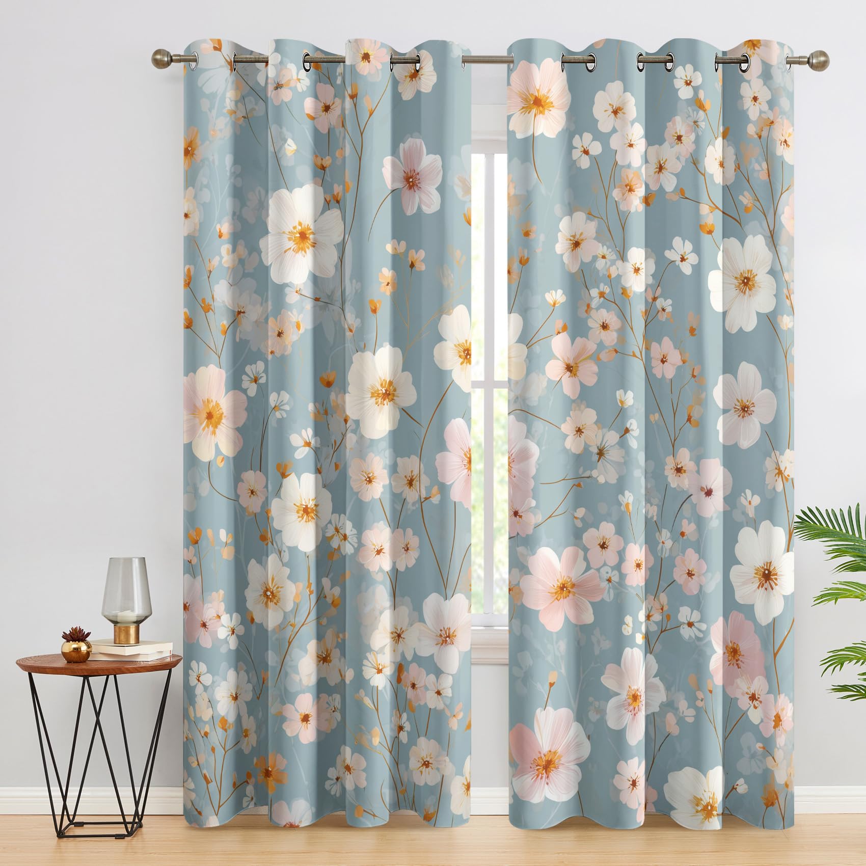 Niyaka Blue Pink Floral Blackout Curtains For Living Room, Flower Curtains For Bedroom, Thermal Insulated Eyelet Window Treatments 54 Drop, 2 Panels Drapes (W46 X L54)