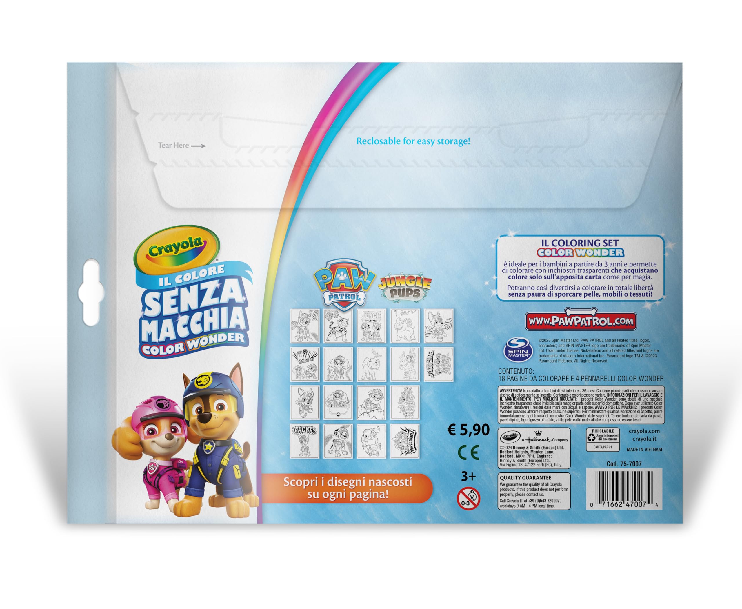 CRAYOLA - Color Wonder, Coloring Set con 18 Pagine da colorare e 4 Pennarelli Senza Macchia, soggetto Paw Patrol, Attività Creativa per Bambini, età 3,4,5 Anni, cod. 25-2909