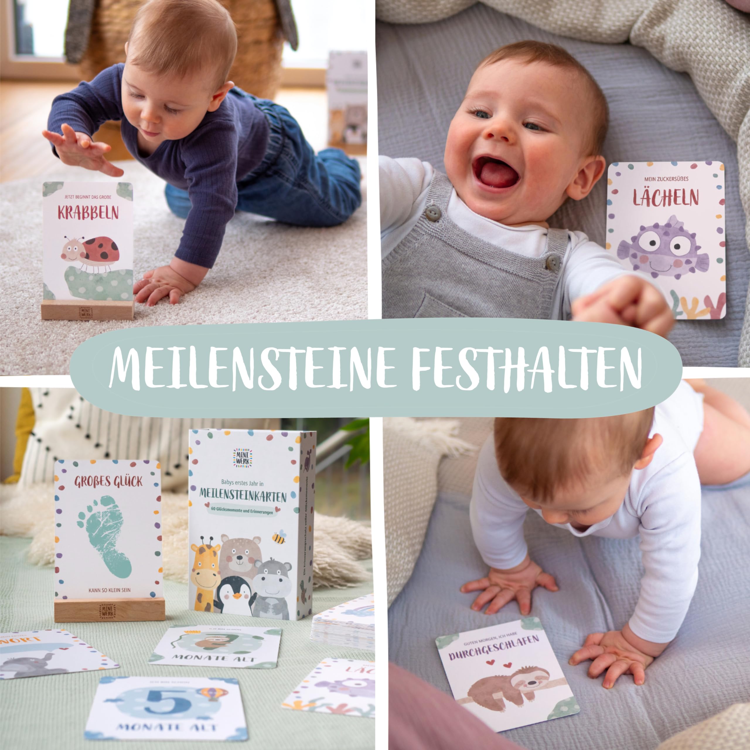 Miniwerk Meilensteinkarten Baby 60 Stück – persönliches Geschenk zur Geburt, Erinnerungsbox Baby, Babytagebuch, Ergänzung zur Baby Erstausstattung für Neugeborene und Eltern, Kontrastkarten Baby