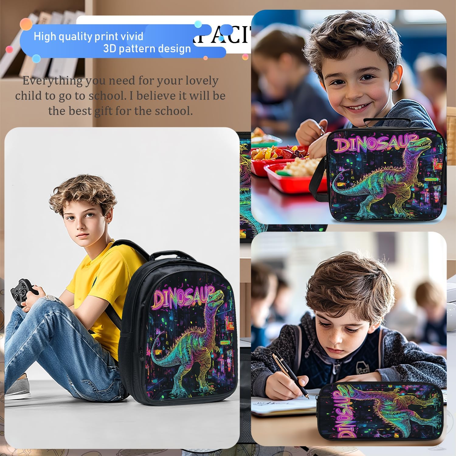 Dinosaur School Backpack 3 Piece Set Backpack Lunch Bag Pencil Case Waterproof Fabric for School Gifts for Students Kids Toddler Boys Girls Elementary Middle