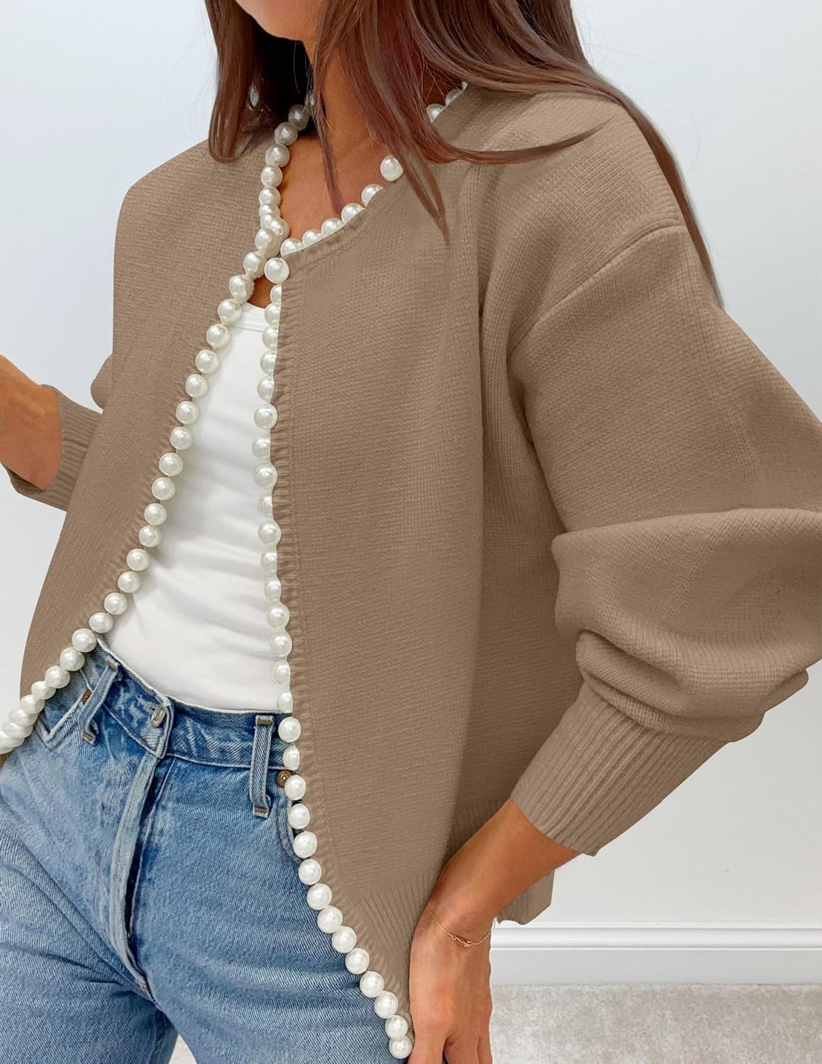 ZESICA Women's Open Front Cardigan Sweater 2026 Spring Casual Knitted Long Sleeve Pearls Trim Outerwear Coat Trendy Clothes - Image 3