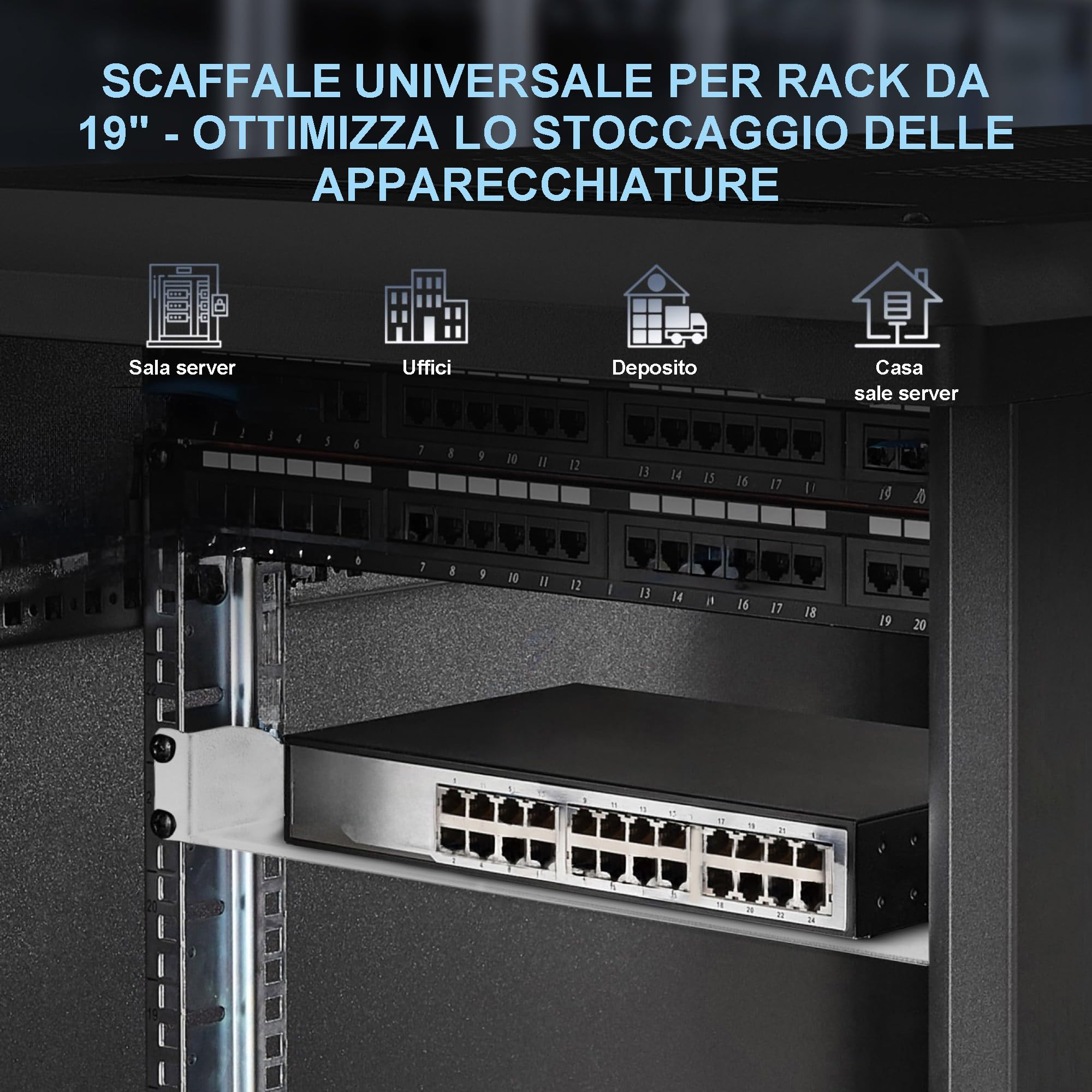 Extralnik Mensola Rack 19 1U, Profondità 300 mm, Acciaio, Max. 20 kg di Capacità di Carico, Montaggio Universale, per Armadi Server e Componenti IT, Kit di Montaggio Incluso, Grigio