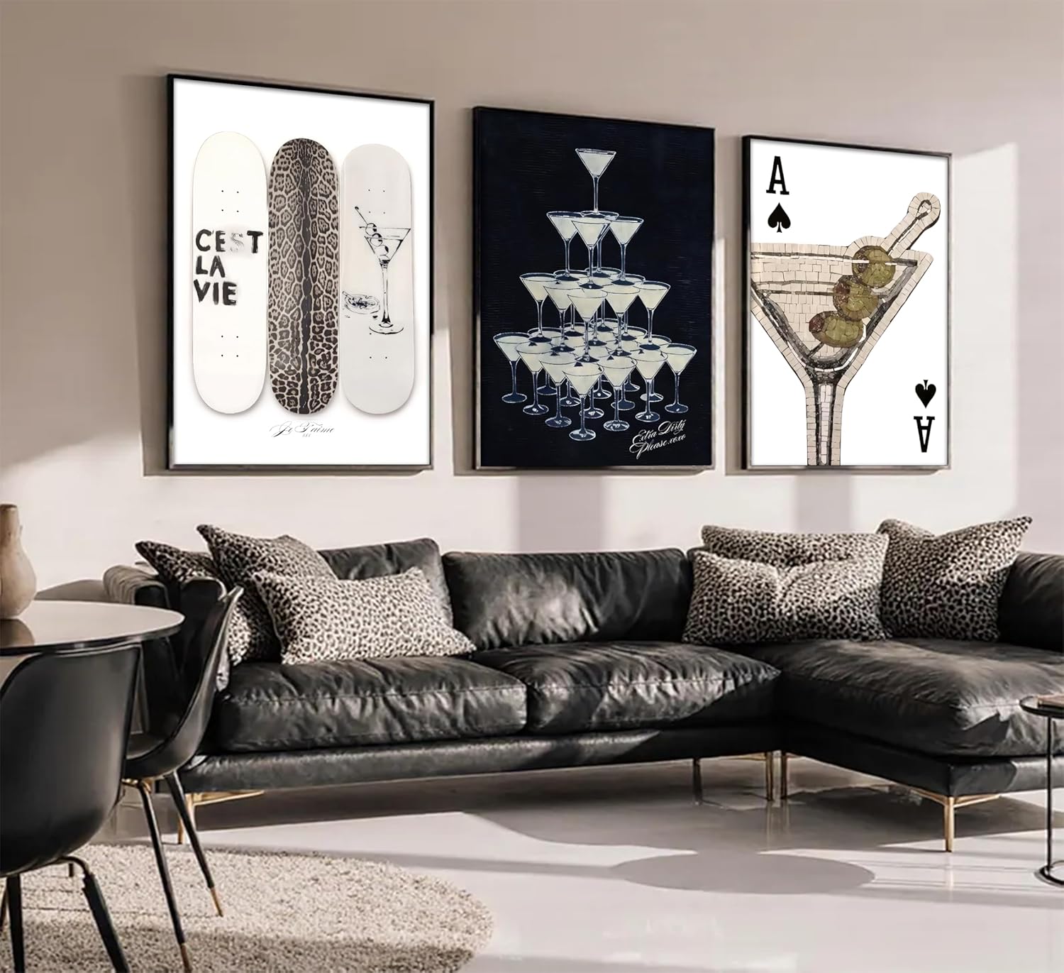3Pcs Trendy Dirty Martini Canvas Wall Art Funky Cocktail Poster Vintage Leopard Skateboard Wall Decor Ace Card Martini Painting Picture Artwork for Bar Cart Dorm Living Room Home Decor, Unframed