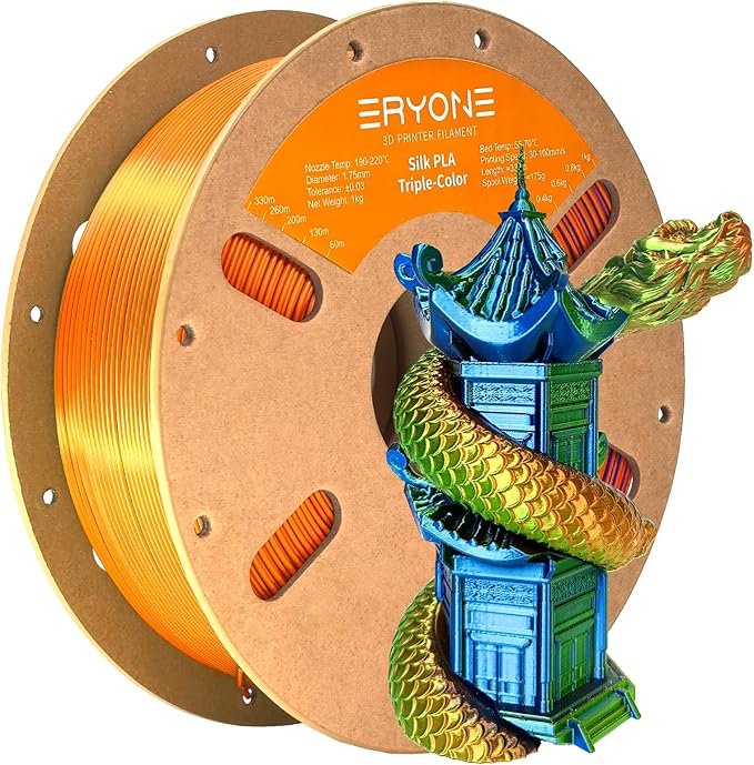 ERYONE Silk Tri Color PLA Filament 3D Printer 1.75mm +/- 0.03mm, Multicolor Filament Tricolor PLA 1KG(2.2lbs) Cardboard Spool, Orange Blue...