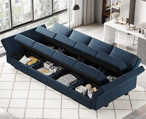 Miniatura 97 de Belffin - Sofá cama modular con otomanas, de terciopelo, reversible y con asiento con almacenamiento, color verde, forma de L-1 Negro