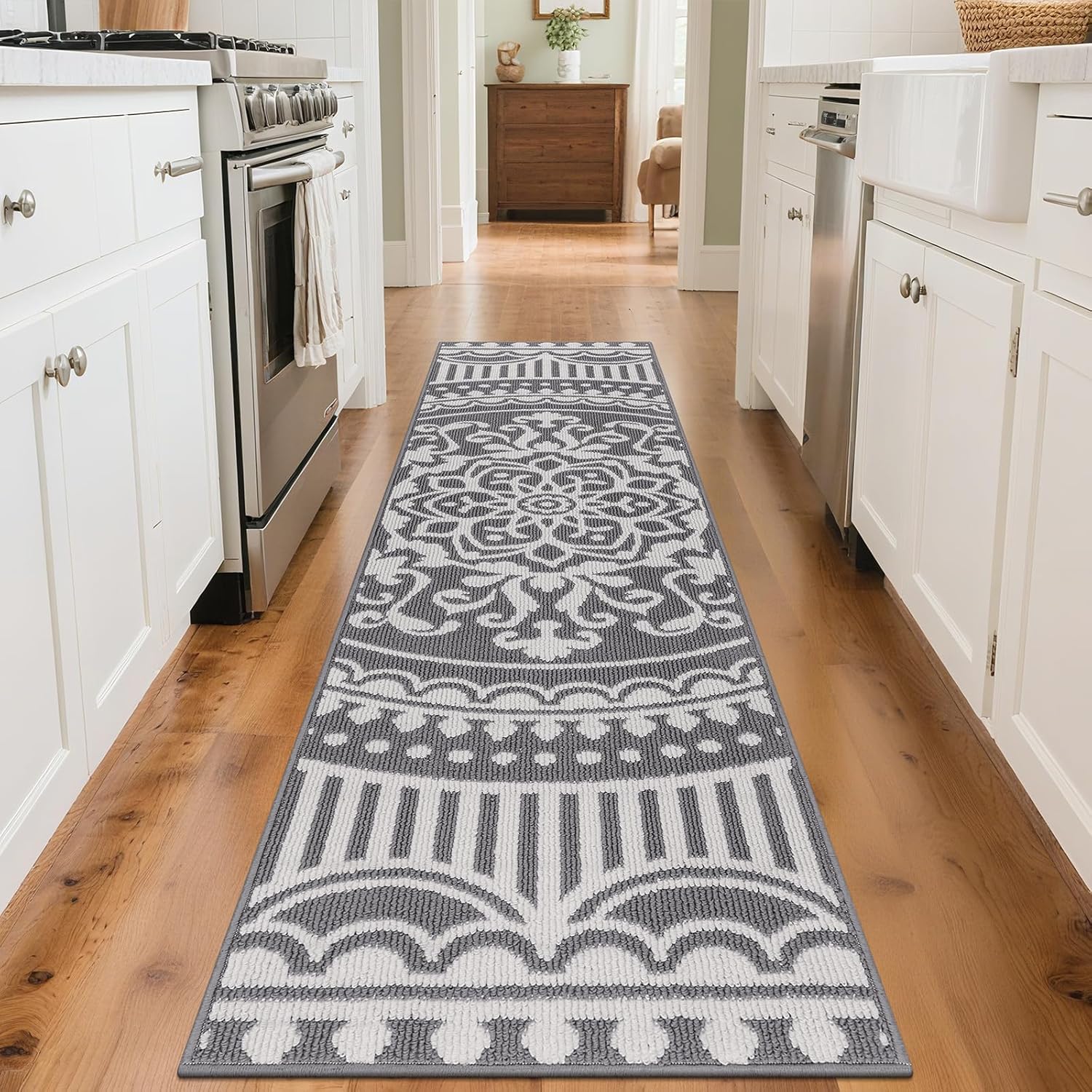 U'Artlines 2 x 8 ft Hallway Runner Rug, Washable Non Slip Kitchen Laundry Rug with Rubber Backing, Low Pile Carpet for Entryway Bedroom Living Room Farmhouse Floor Mat(Grey)