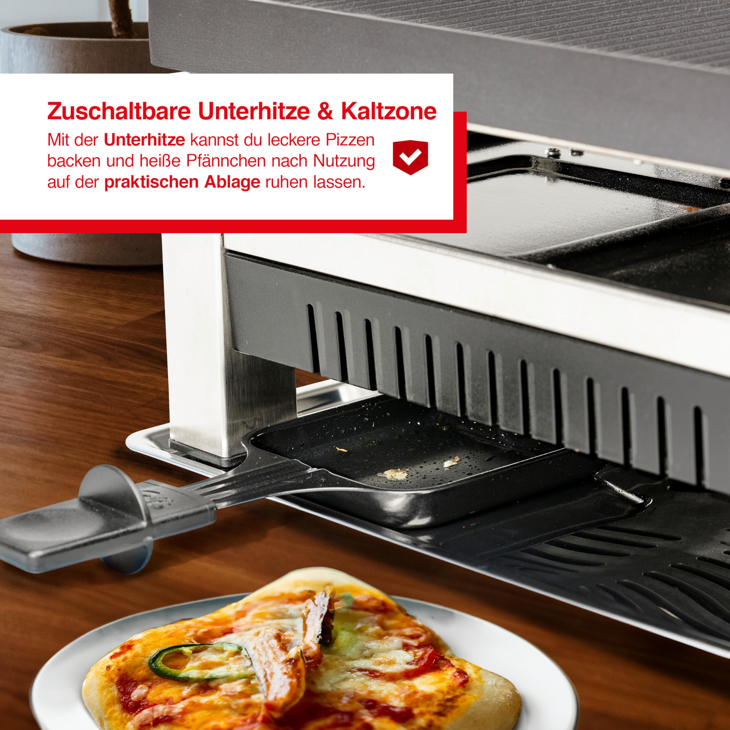Solis Raclette Tischgrill 4-in-1 mit Grillplatte & Crêpe-Funktion | 1200W Ober- & Unterhitze, Antihaft, 8 Pfännchen, Mini-Pizza, für Familie & Freunde