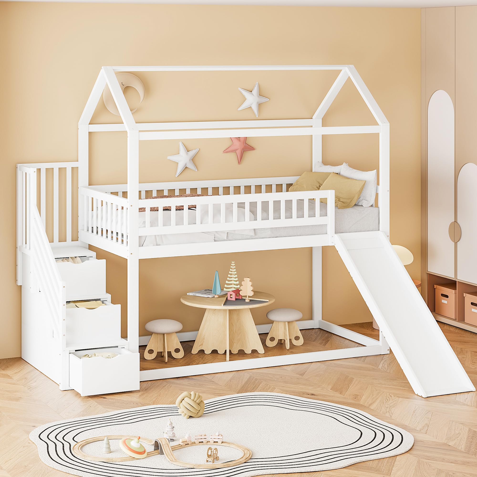 Hochbett Kinderetagenbett 90x200 cm, Multifunktionales Kinderbett, mit Rutsche und 3 Stauraumleiter, hohe Zaunkonstruktion, Massivholzbettrahmen, Lattenrost,Weiße