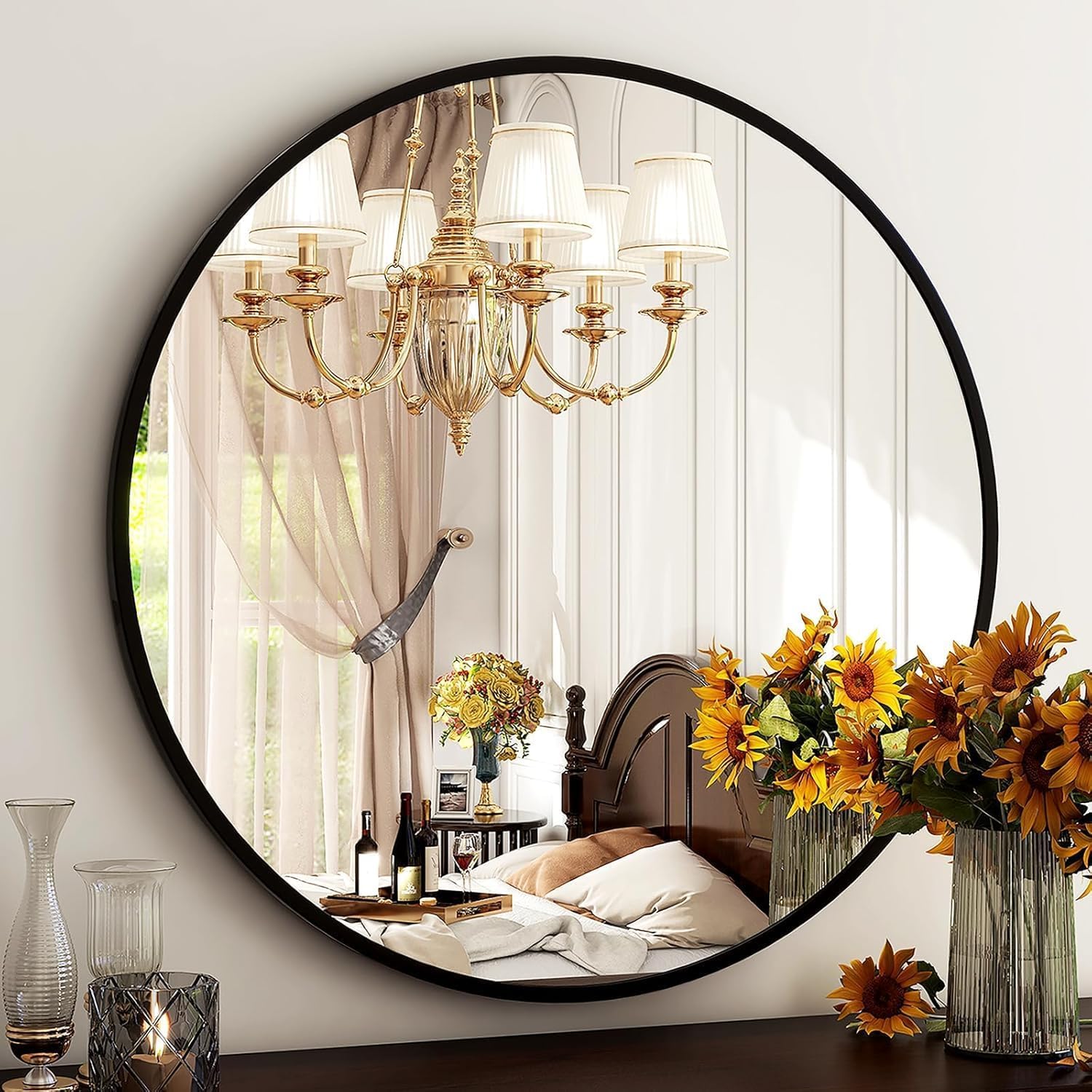 Espejo Redondo 70 cm, Espejos Decorativos de Pared con Marco de Aluminio, Espejos de Pared para Colgar, Espejo Decorativo Pared para Baño, Salón, Dormitorio y Recibidor