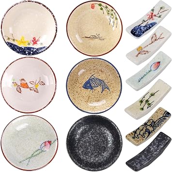 Japanese Ceramic Dipping Bowl and Chopsticks Holder Set of 12, 4 Oz Dip Bowls, Mini Pinch Bowls, Sauce Cups, Small Serving Bowls for Side Dishes, Condiment, Sushi, Soy Sauce, Appetizer, Seasoning