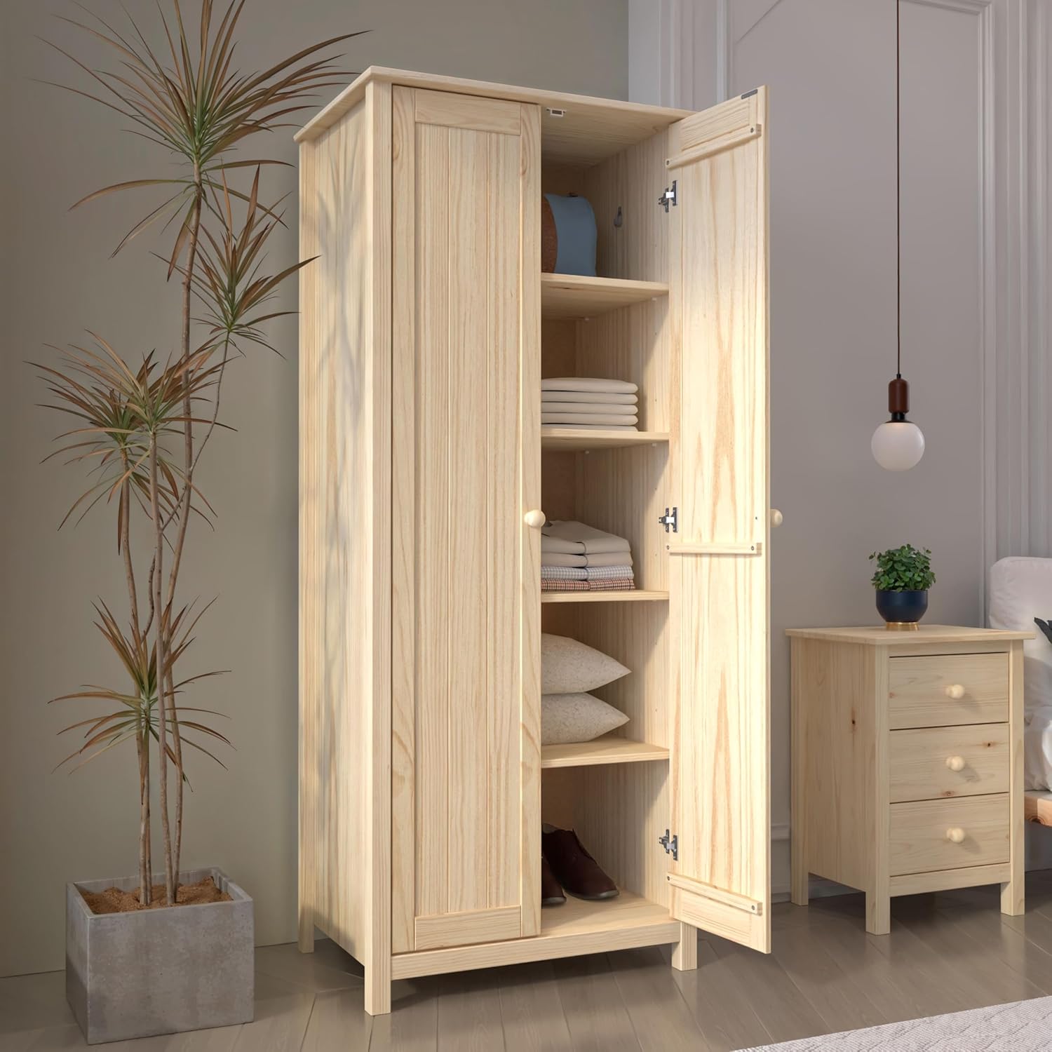 From the Tree Furniture Solid Wood Armoire – 2-Door Wardrobe Cabinet with Adjustable Shelves, Tall Bedroom Storage Closet, Unfinished