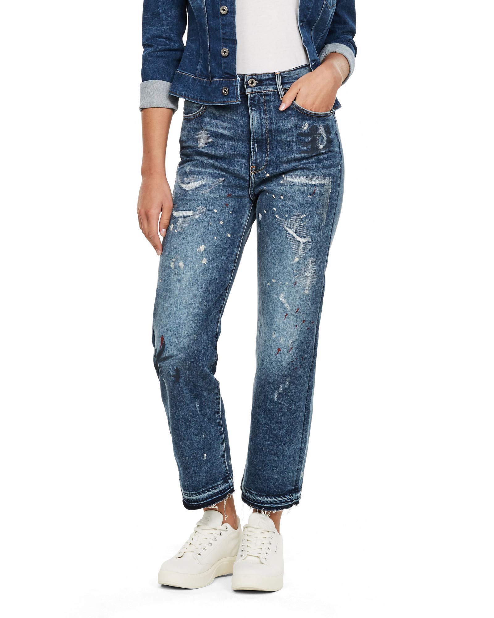 G-Star Women's Tedie Ultra High Straight Ripped Edge Ankle Jeans, Blue (sun faded prussian blue painted D17177-C052-B477), 26W / 32L