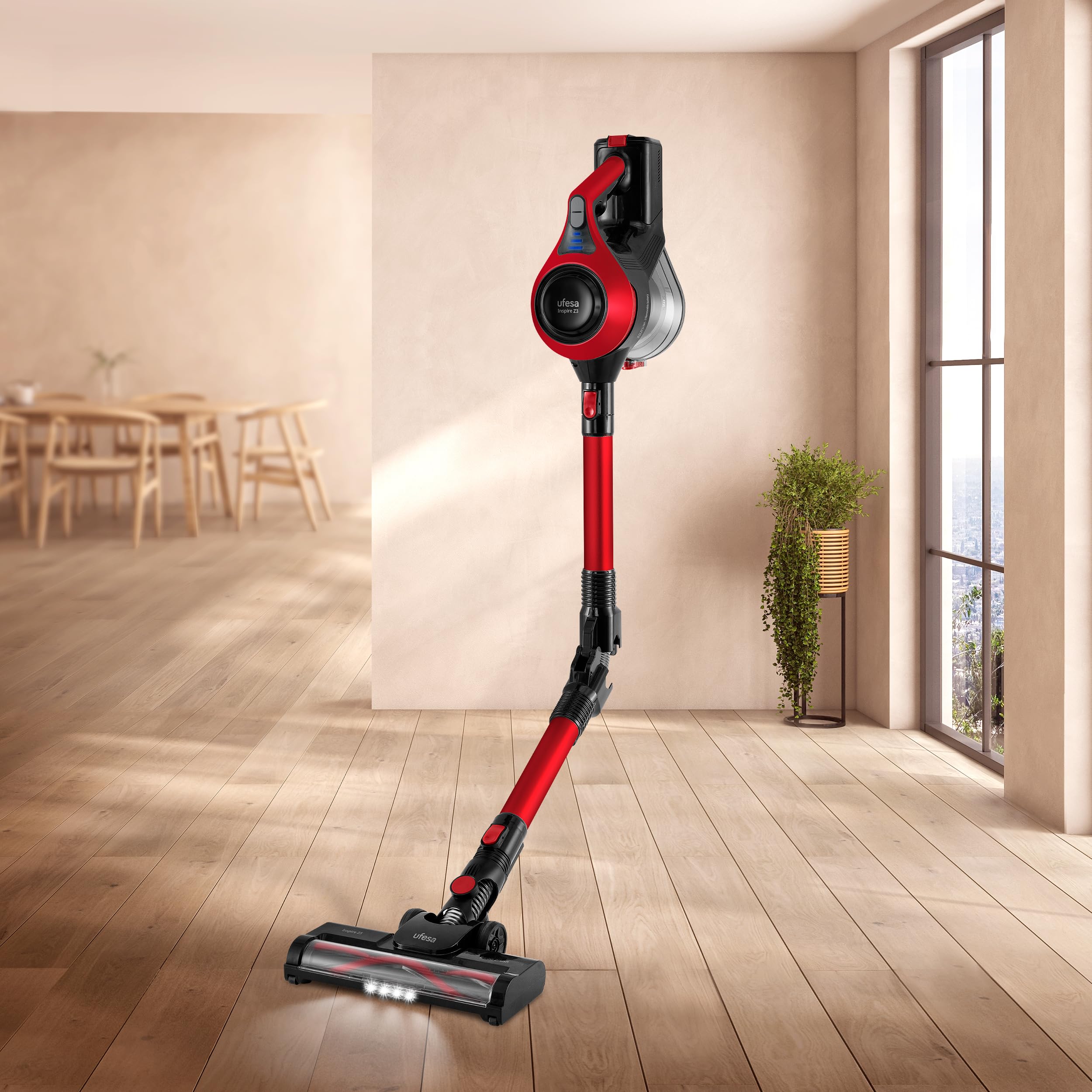 Ufesa Z3 Akku Staubsauger, Selbstladender und Flexibler, 22.2V, 10KPa, 150W, 40 min, Motorisierte Bürste mit Licht, 2 Geschwindigkeiten, Zubehör für Teppiche/Hartböden/Auto/Tierhaare