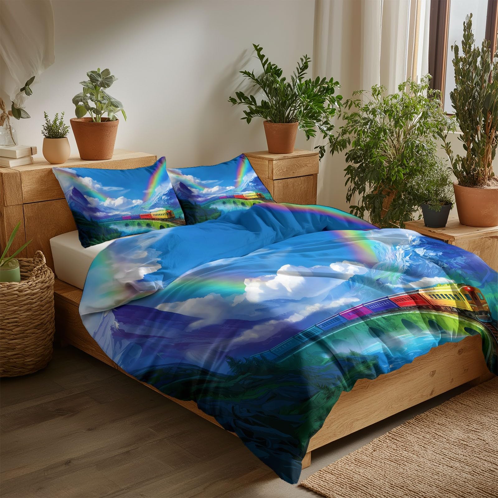 Kinderbuch Regenbogenzug Bettwäsche-Set, 240 x 220 cm Weiche 2D-Game-Art Bedruckte Wendebettwäsche mit Reißverschluss Ganzjahres Bettbezug für Jungen Mädchen Jugendliche Kinder Teens