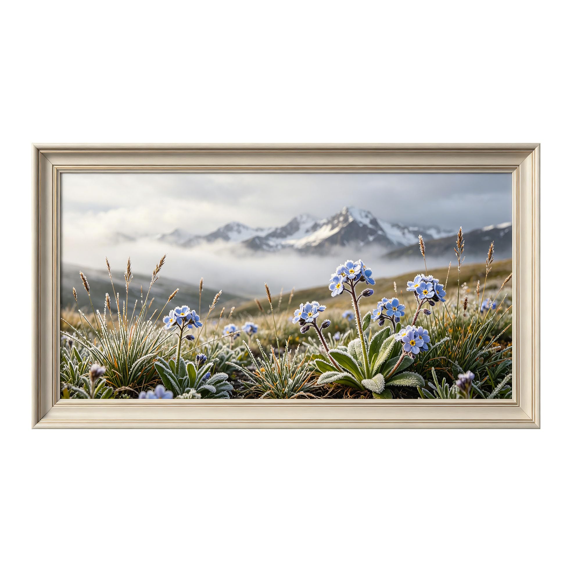 Yzpallescene 3D Framed Wall Art 50cm×100cm Blue Mountain Floral Botanical Meadow Realistic Panoramic Large Size SelfAdhesive Removable Wall Decor Prints Artwork for Living Room Bedroom Office
