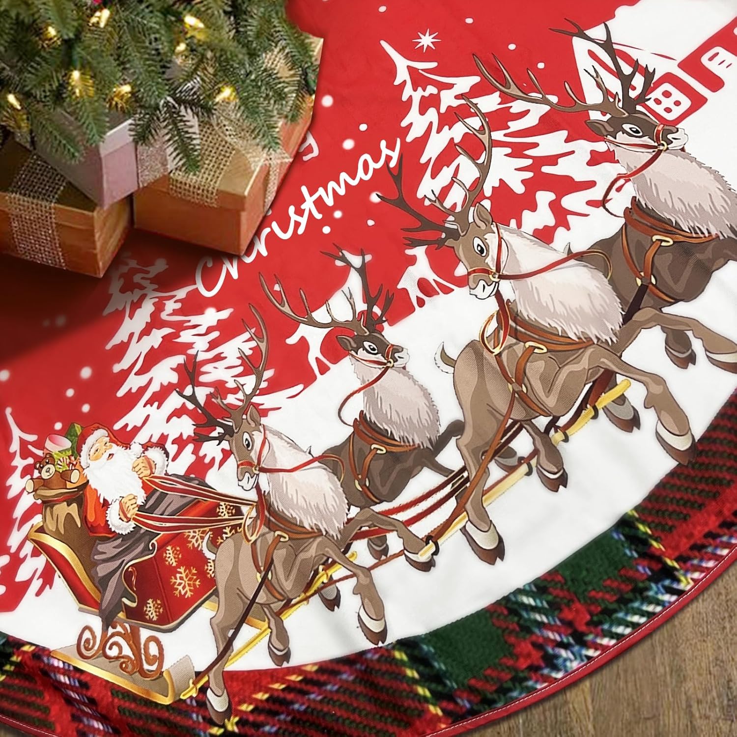 Christmas Tree Skirt 36 inch Large Tree Skirt Santa Claus Reindeer Carriage Red Xmas Tree Skirt Rustic Christmas Tree Mat Decorations for New Year Party Decor Indoor Outdoor(Santa Claus, 36 inch) Santa Claus 36 inch