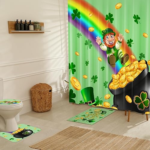 Miniatura 7 de Juego de 4 cortinas de ducha de San Patricio, cortina de baño de la suerte con trébol con 12 ganchos, alfombras de baño antideslizantes, cubierta de