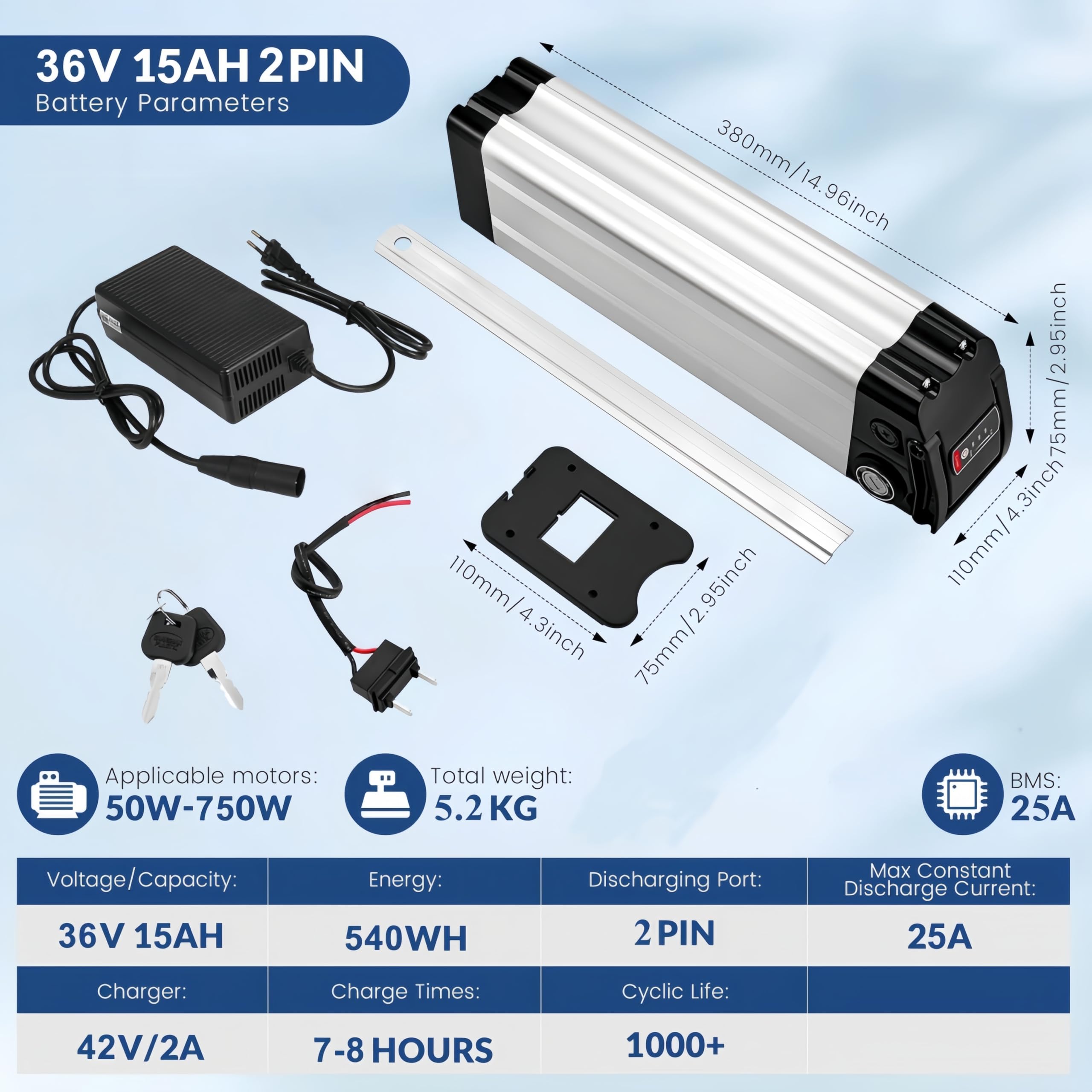 X-go Ebike Batería, 36V 15AH batería de Bicicleta eléctrica e-Bike batería de Litio de 2 Puertos con Cargador, Cierre Seguro, luz indicadora led para 350W 250W 100W Motor (36V 15AH 2 Port)