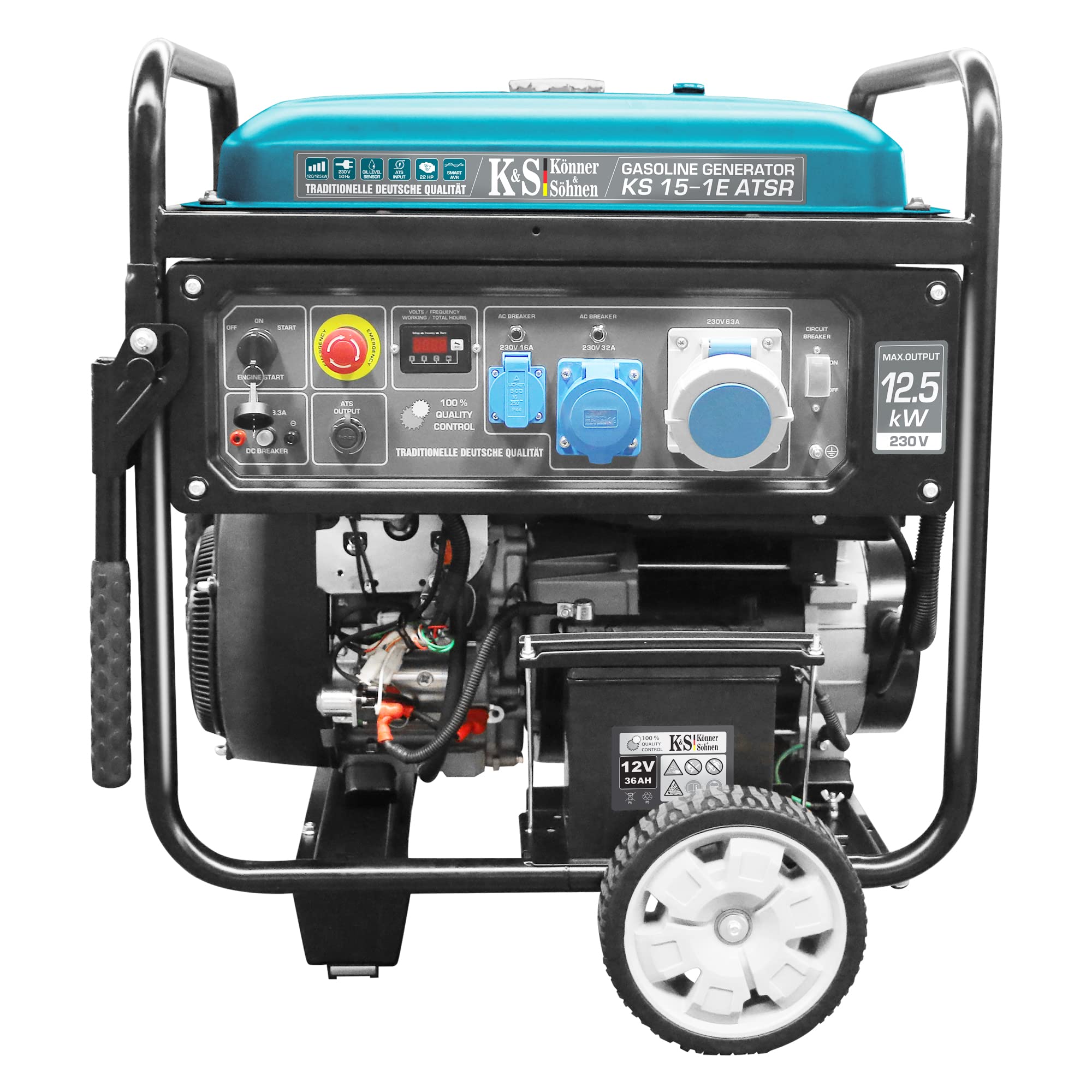 Könner & Söhnen KS 15-1E ATSR - Generatore di corrente 22 CV, motore a benzina a 2 cilindri a 4 tempi, in rame, avviamento elettrico, regolatore di tensione, display LED, 12500 Watt