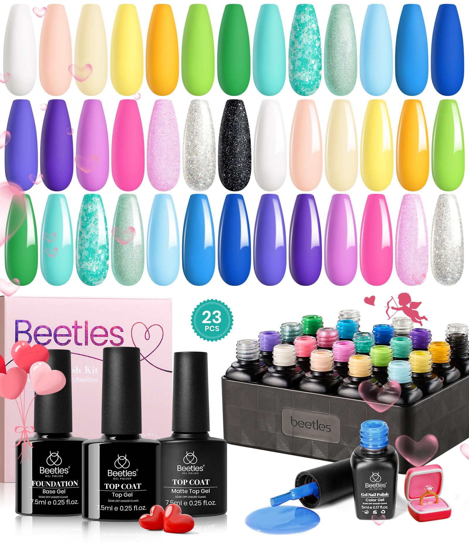 beetles Gel Polish23Pcs Nail Kit with Base Top Coat, Summer Paradise Collection Pastel Neon Yellow Green Blue Purple Pink Glitter Soak off Nail Kit Gift for Girl